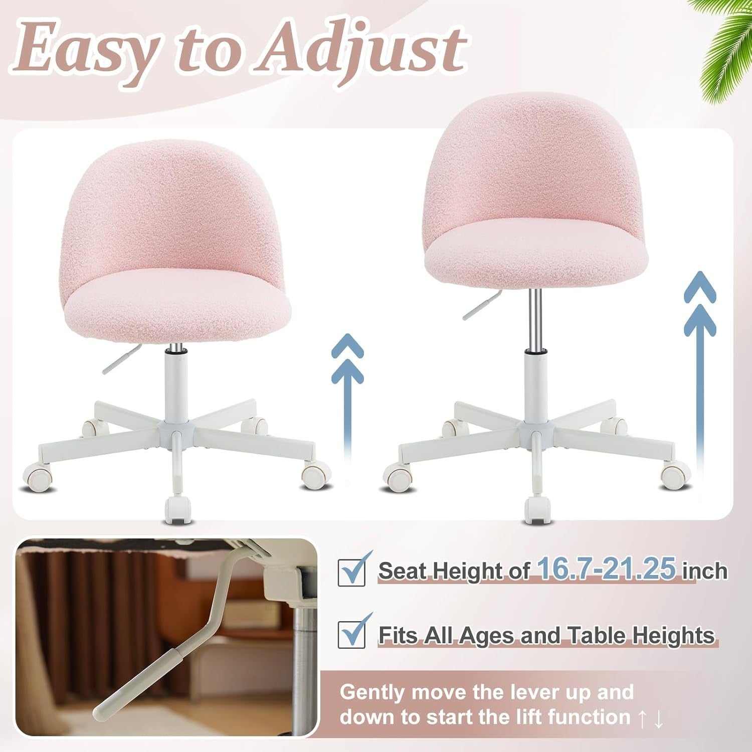 Gentle Pink Teddy Fleece Desk Chair – Adjustable Height Swivel Office Seat