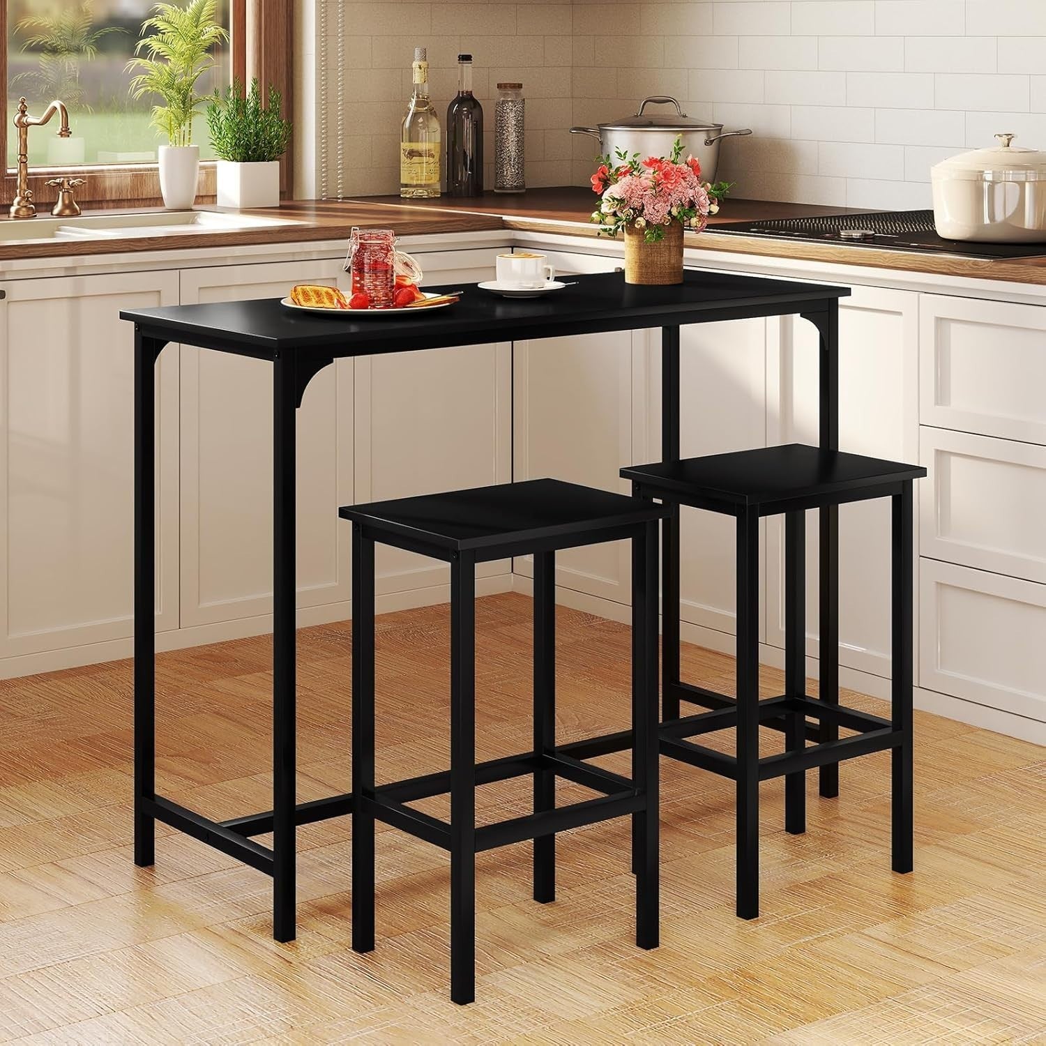 3PCS Bar Table Set with 2 Stools Counter Height Dining Set Space Saving Black