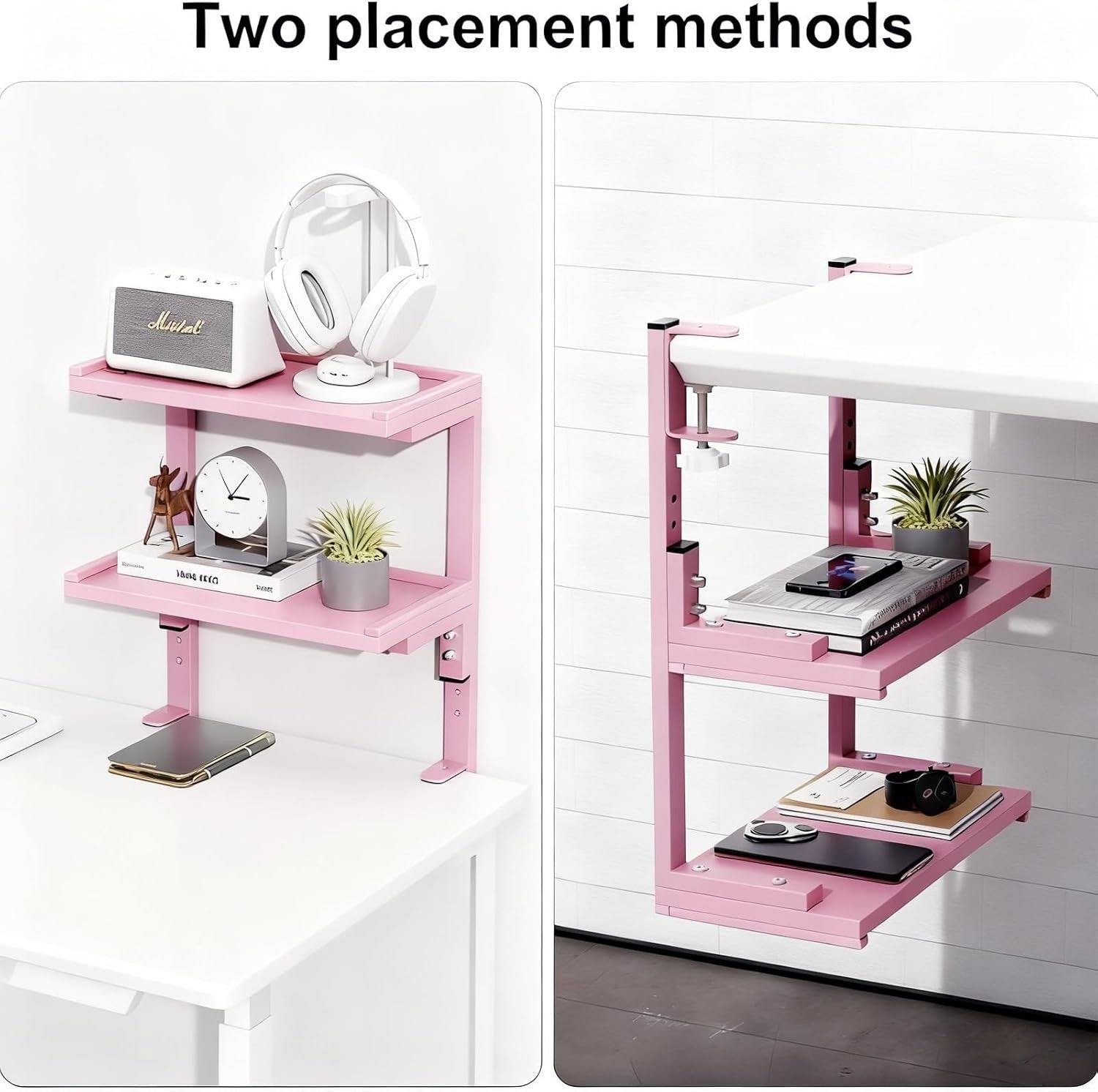 Pink Clamp-On Desk Shelf 2-Tier Adjustable Desktop Organizer Storage Rack