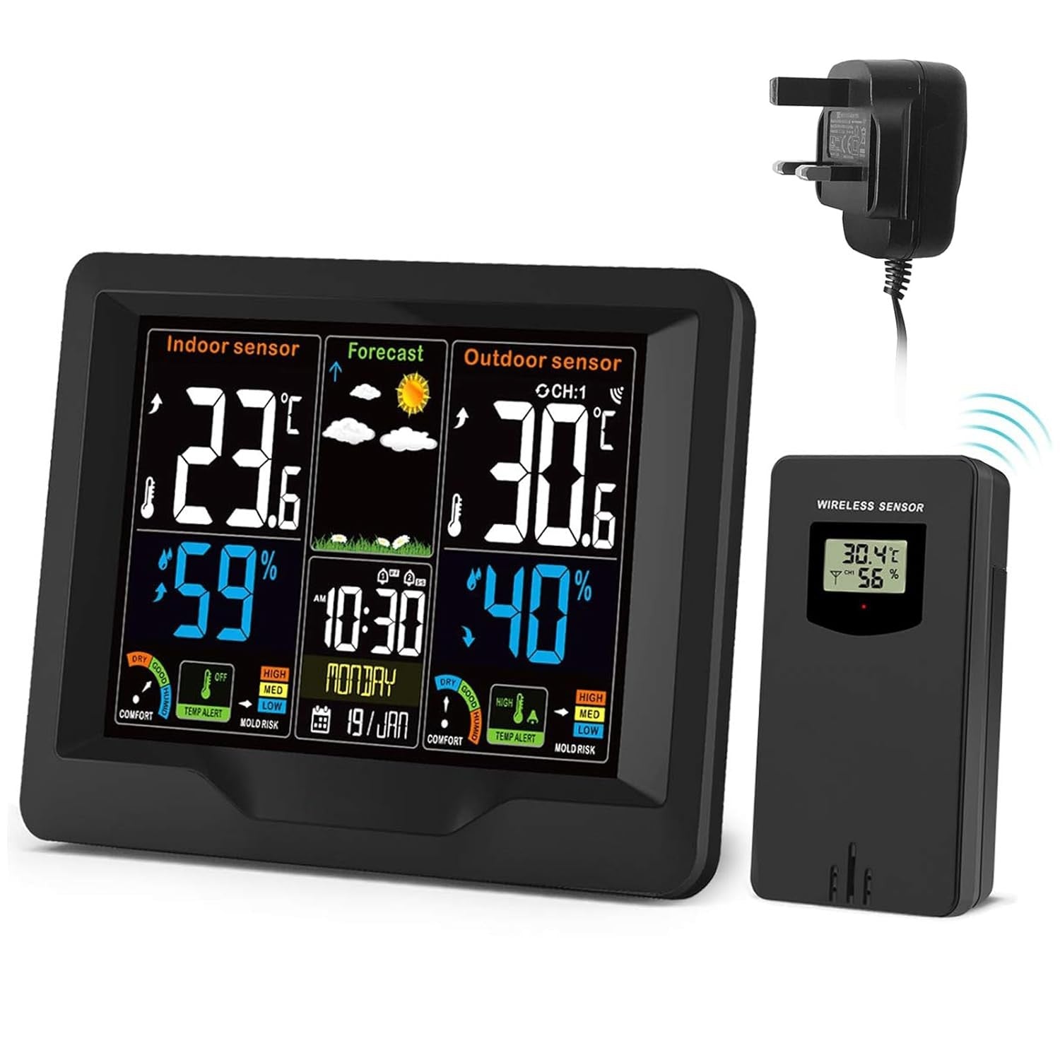 Black Wireless Weather Station Outdoor Sensor LCD Forecast Temp Humidity