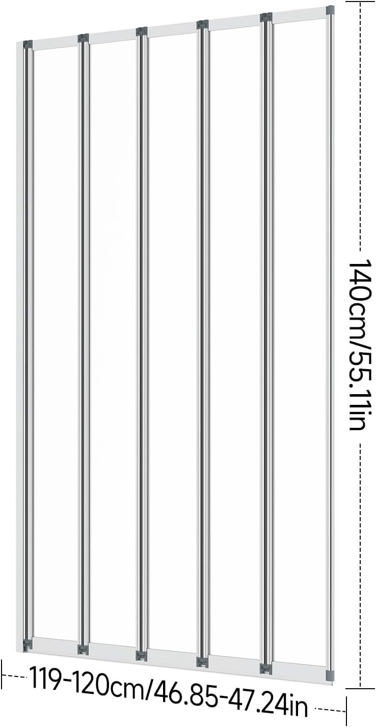 5 Panel Folding Shower Screen 1200x1400mm Tempered Glass Bath Screen Silver