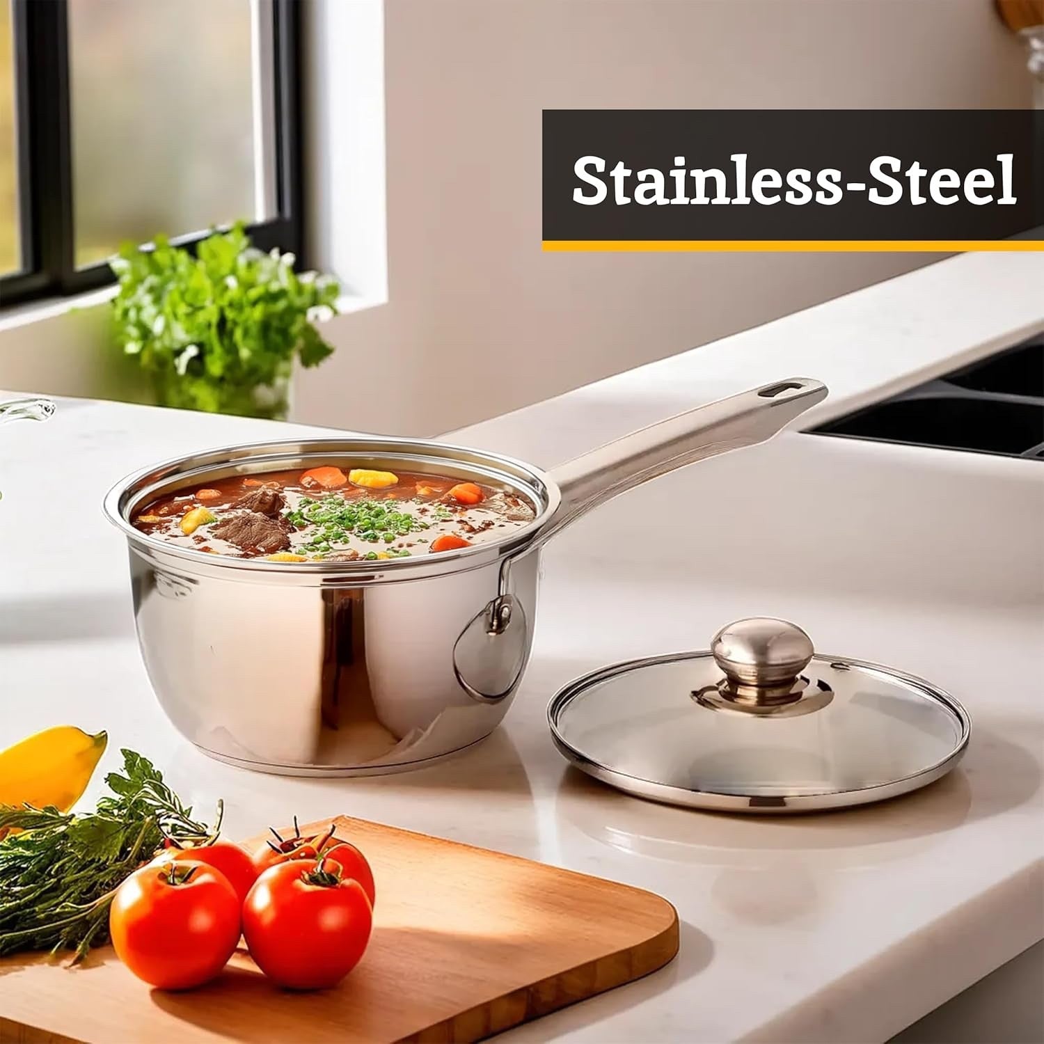 3Pcs Stainless Steel Saucepan Set with Glass Lids Mirror Finish