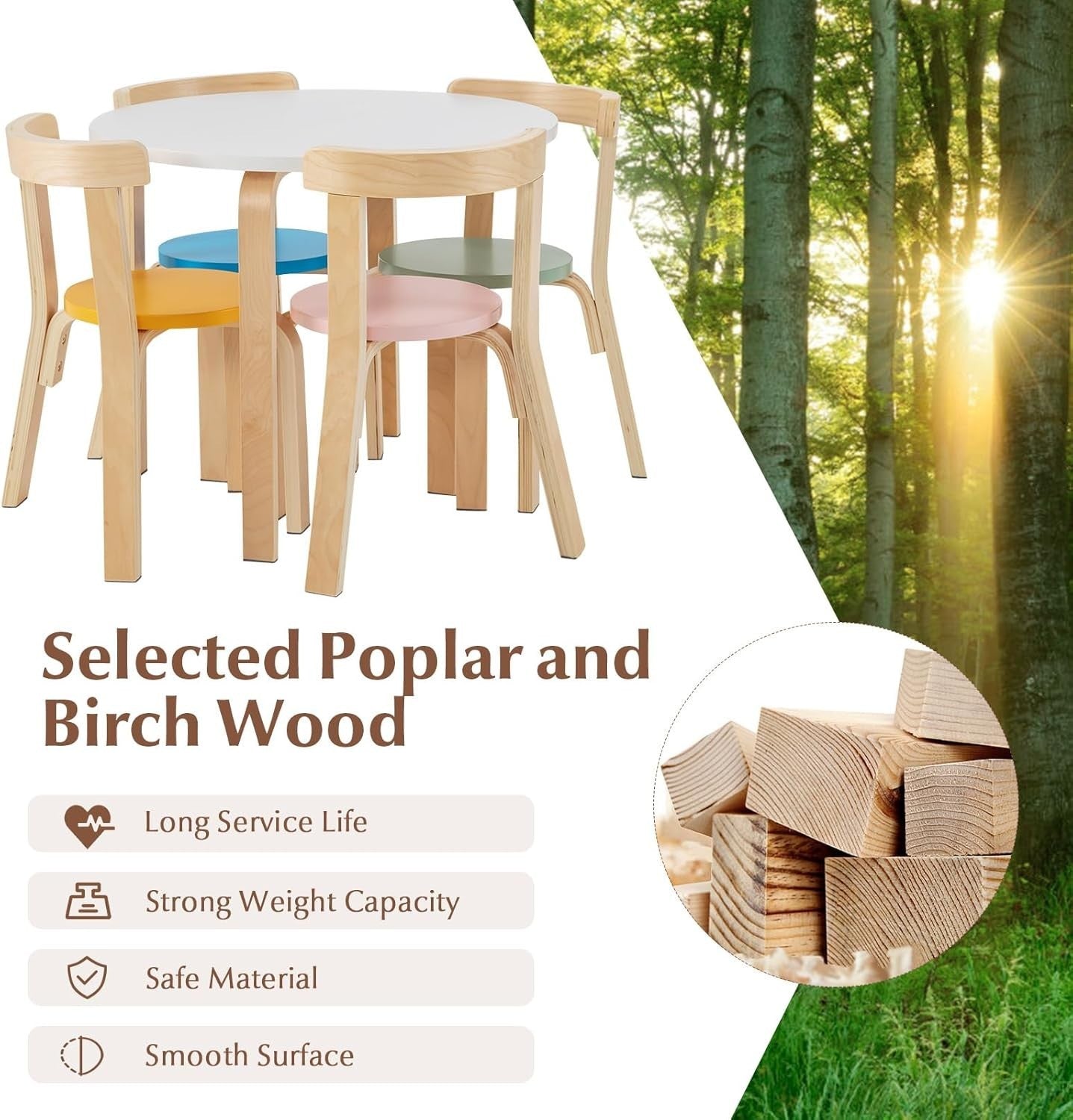Kids Table and Chairs Set Solid Wood 5pc Multicolor Round Playroom Furniture