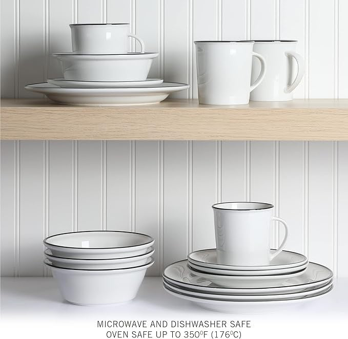 16pc Porcelain Dinnerware Set White Black Rim Plates Bowls Mugs Dishwasher Safe