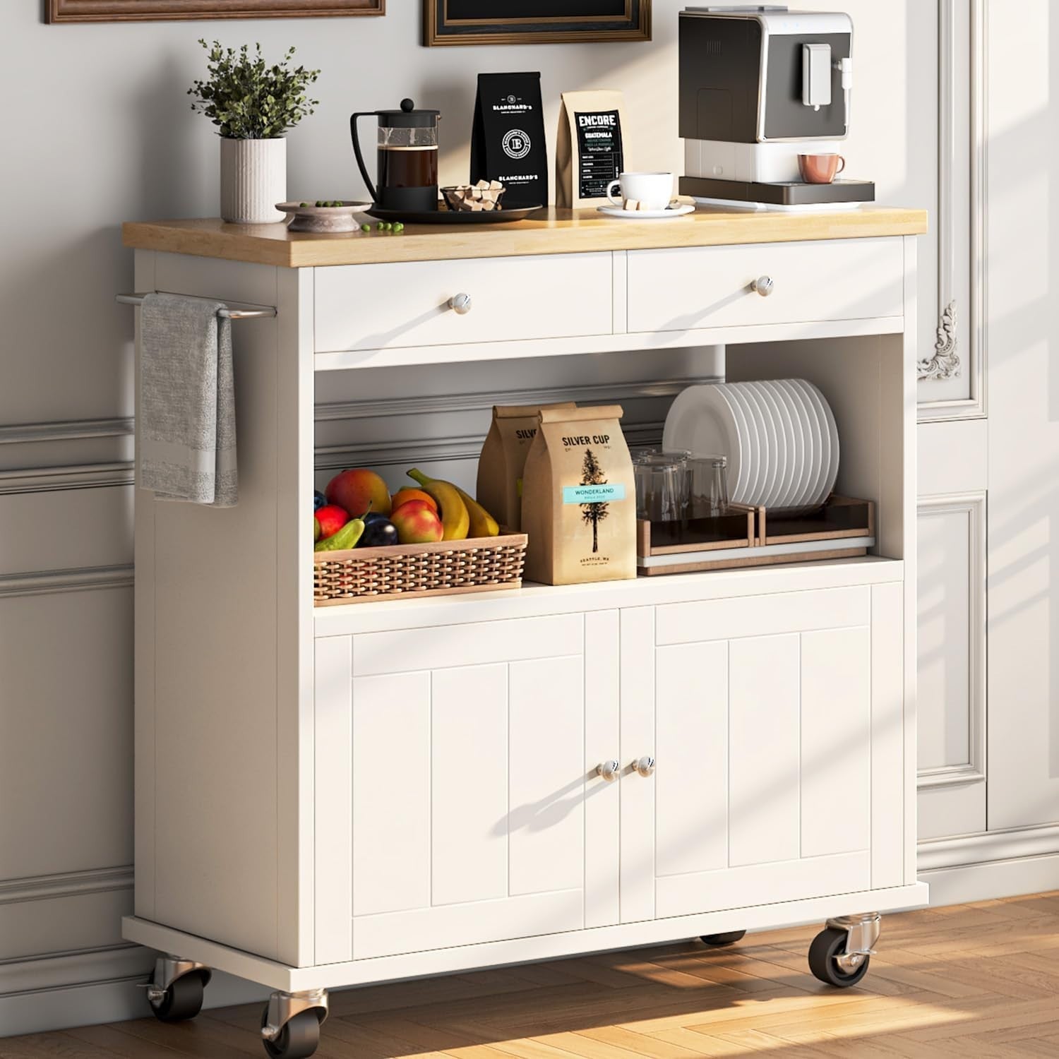 Rolling Kitchen Island Cart with Dual-Top, Drawers & Lockable Wheels 90x40x92cm