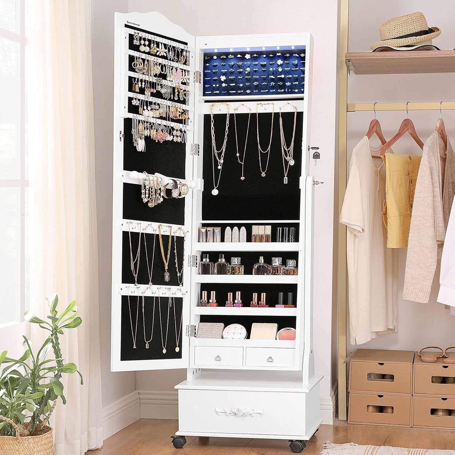 LED Rolling Jewelry Cabinet Lockable Full Length Mirror Storage White