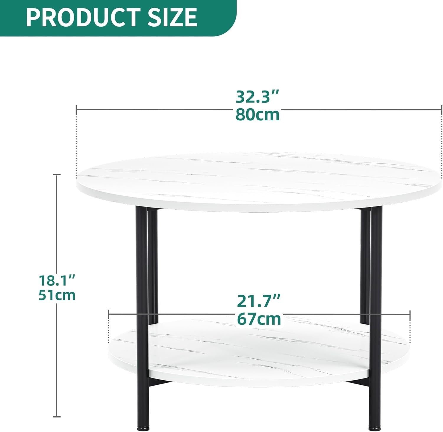 Round Coffee Table with Shelf – 2-Tier Rustic Wood & Metal, 80cm