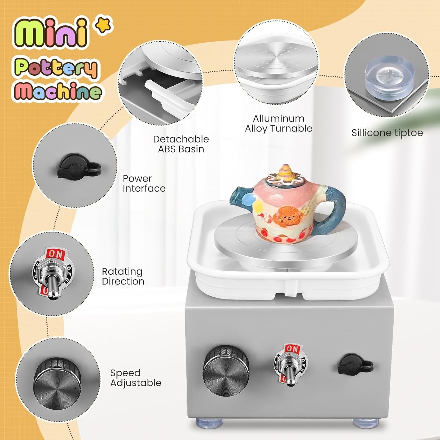 Mini Electric Pottery Wheel Adjustable Speed 2000RPM DIY Ceramic Tool
