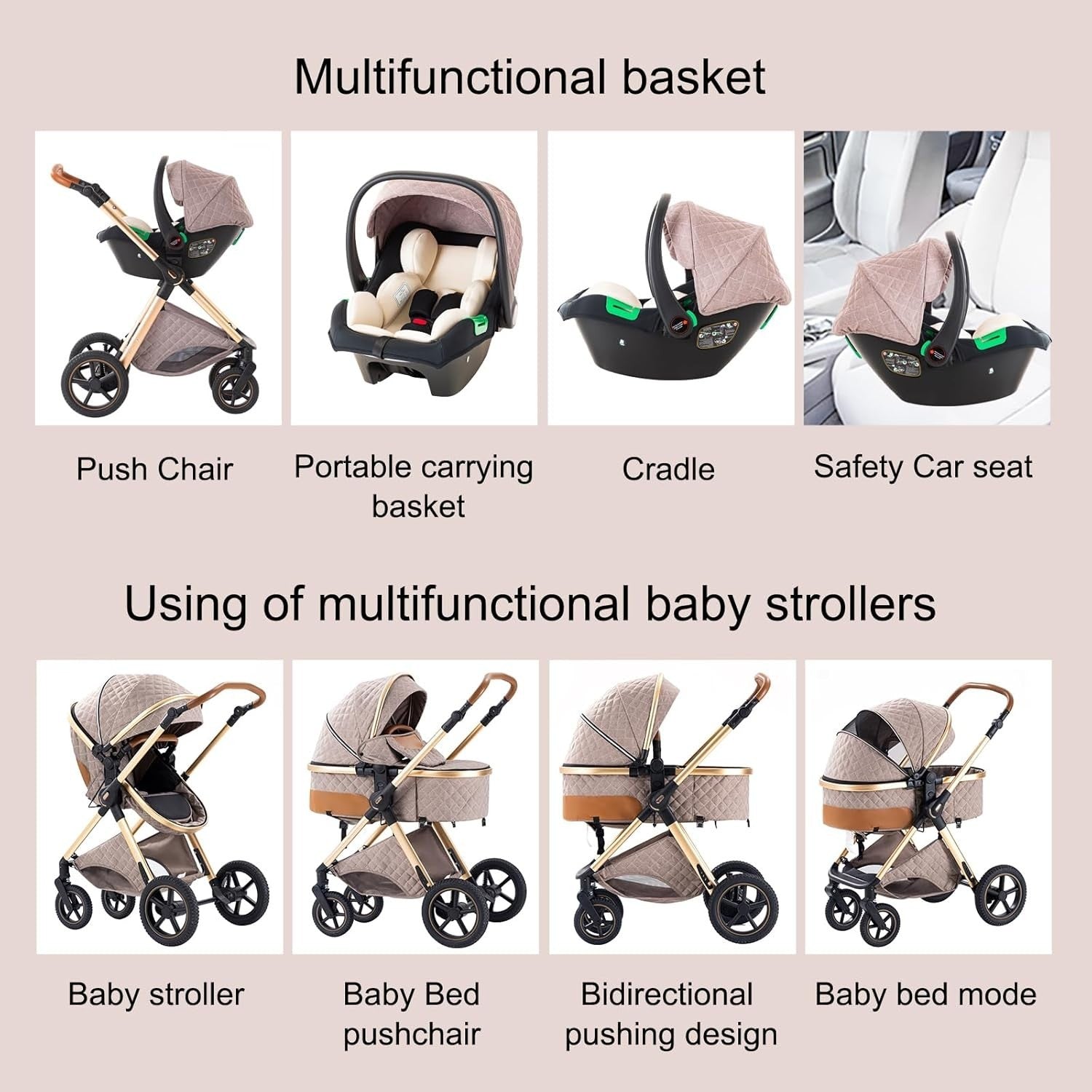 Compact 3in1 Baby Pram Pushchair System Adjustable Handle Foldable 22kg