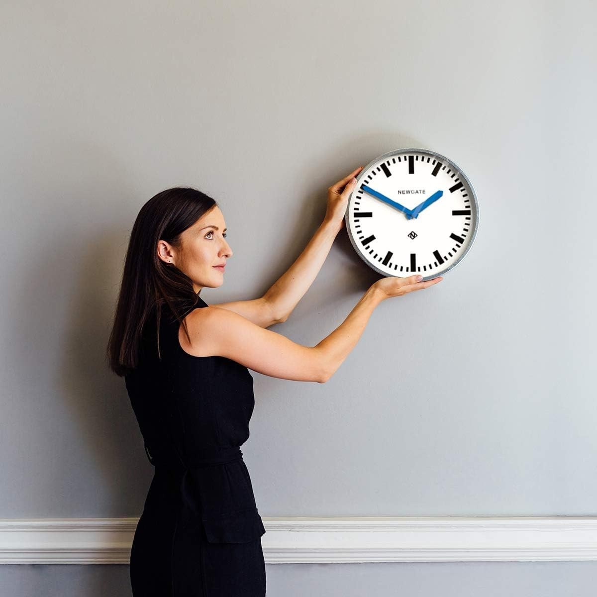 Retro 30cm Silent Wall Clock Blue Hands Galvanised Metal Station Style