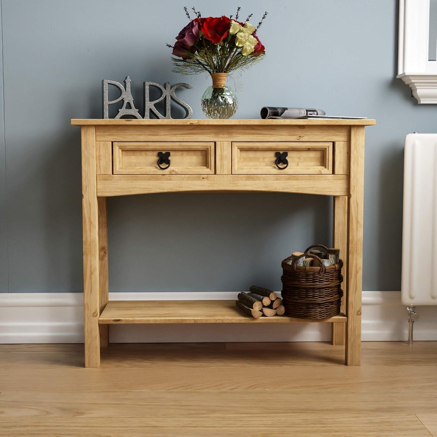 Rustic Pine Console Table with Drawers & Shelf, Solid Wood Hallway Unit