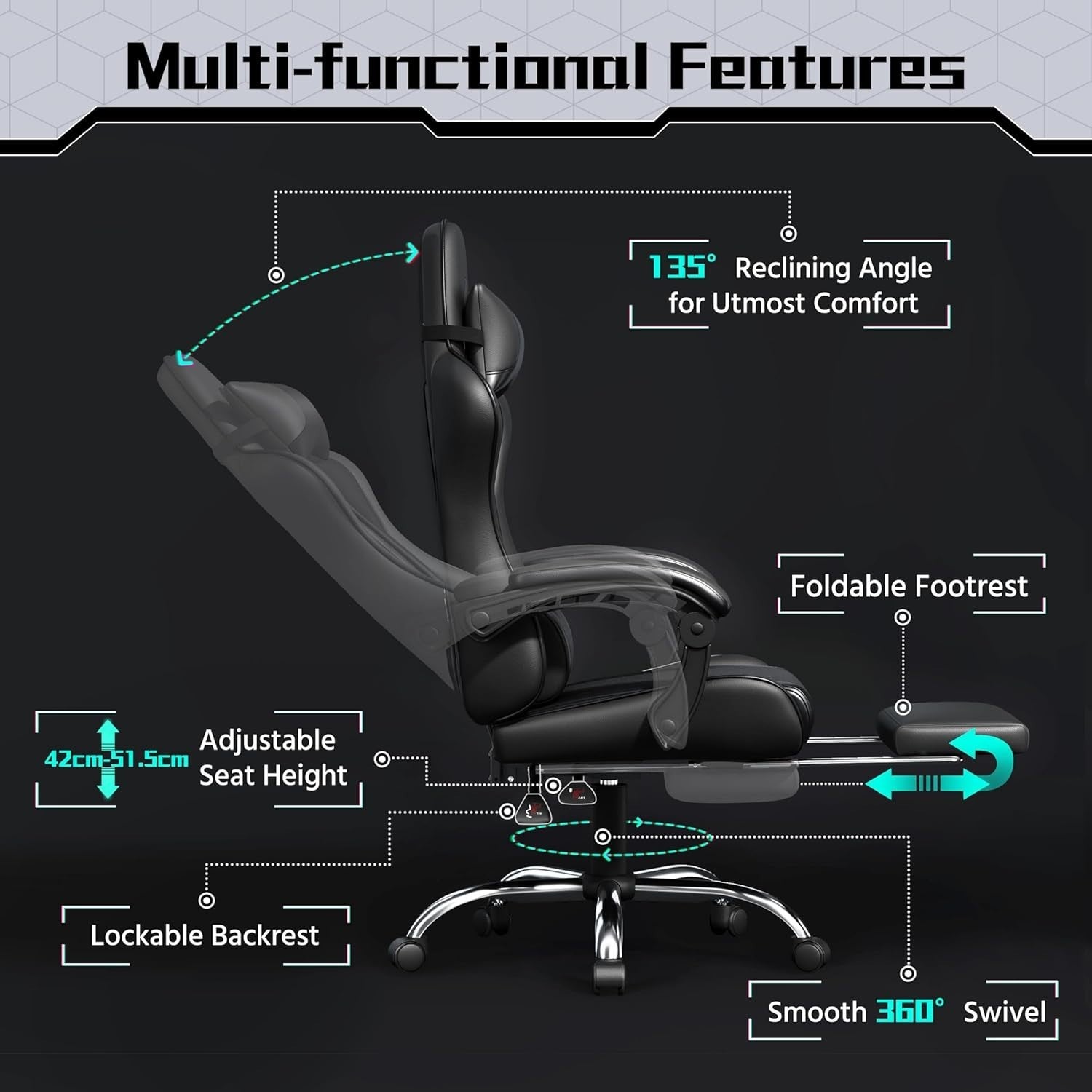 Gaming Chair Recliner w/ Massage Lumbar Pillow, Footrest, Faux Leather PC Seat