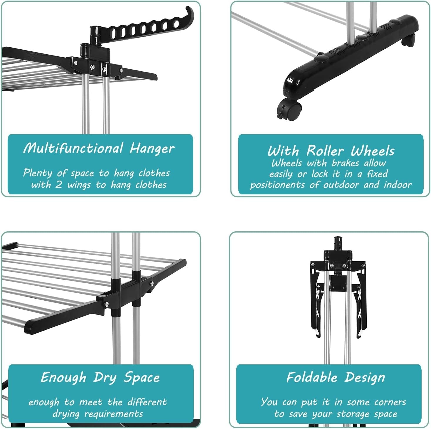 4 Tier Clothes Airer Folding Laundry Drying Rack with Wheels Heavy Duty Indoor