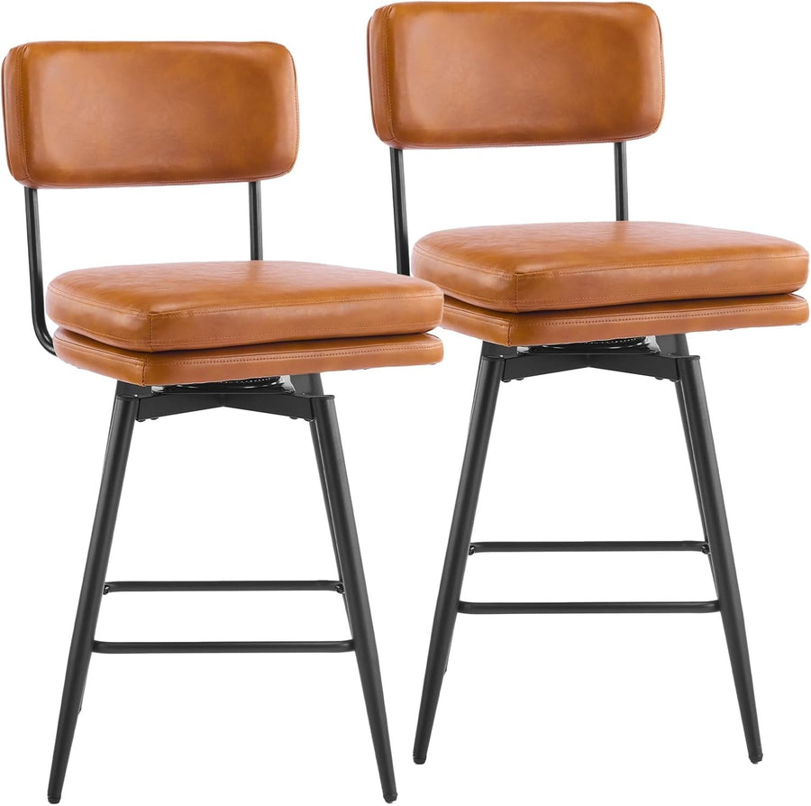 360° Swivel Bar Stools Set of 2 | Brown PU Leather Counter Chairs