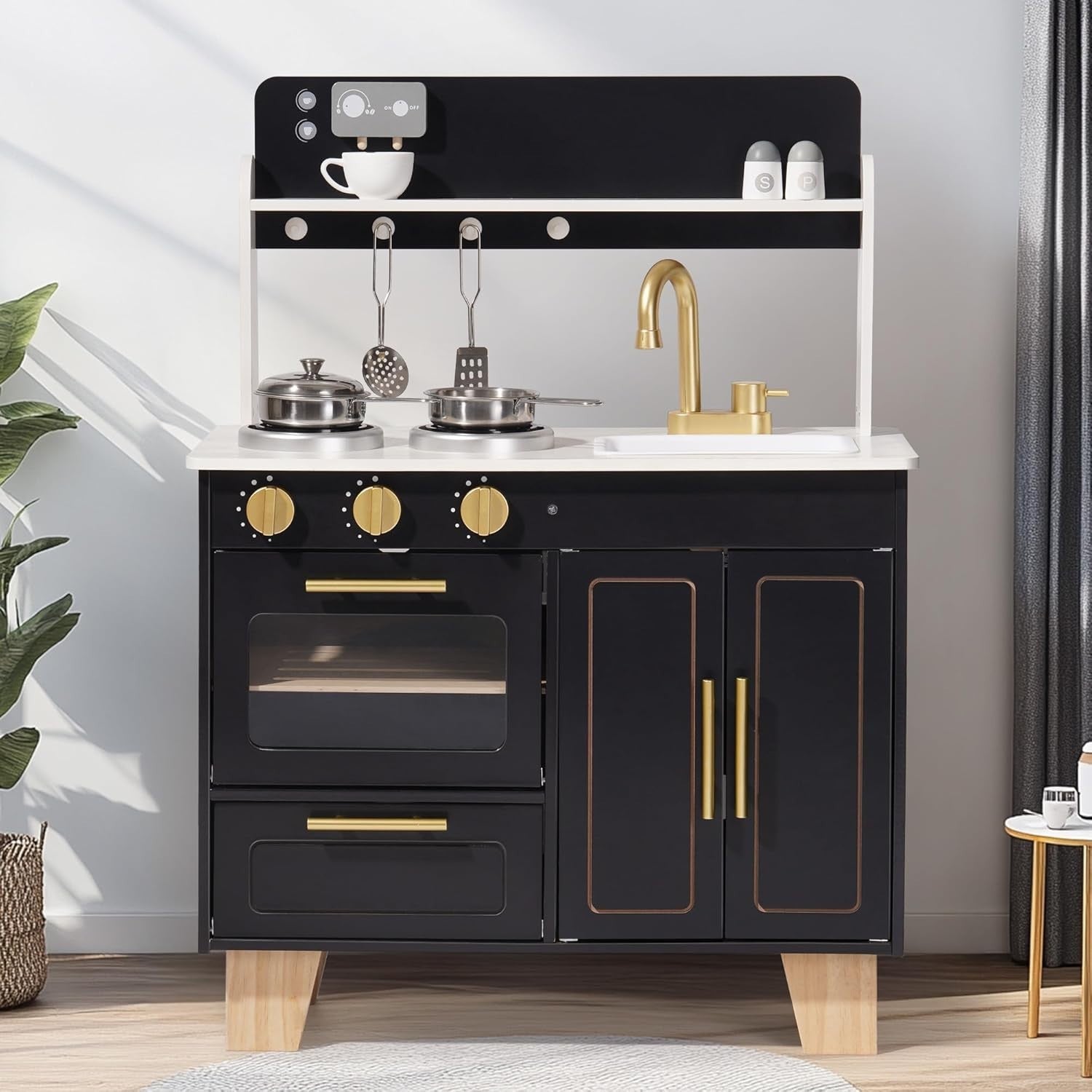 Kids Wooden Play Kitchen w/ Coffee Machine Black Pretend Toy