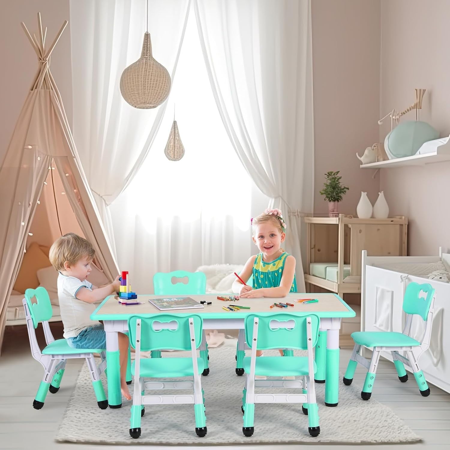 Kids Table & 6 Chair Set Height Adjustable Plastic Classroom Furniture