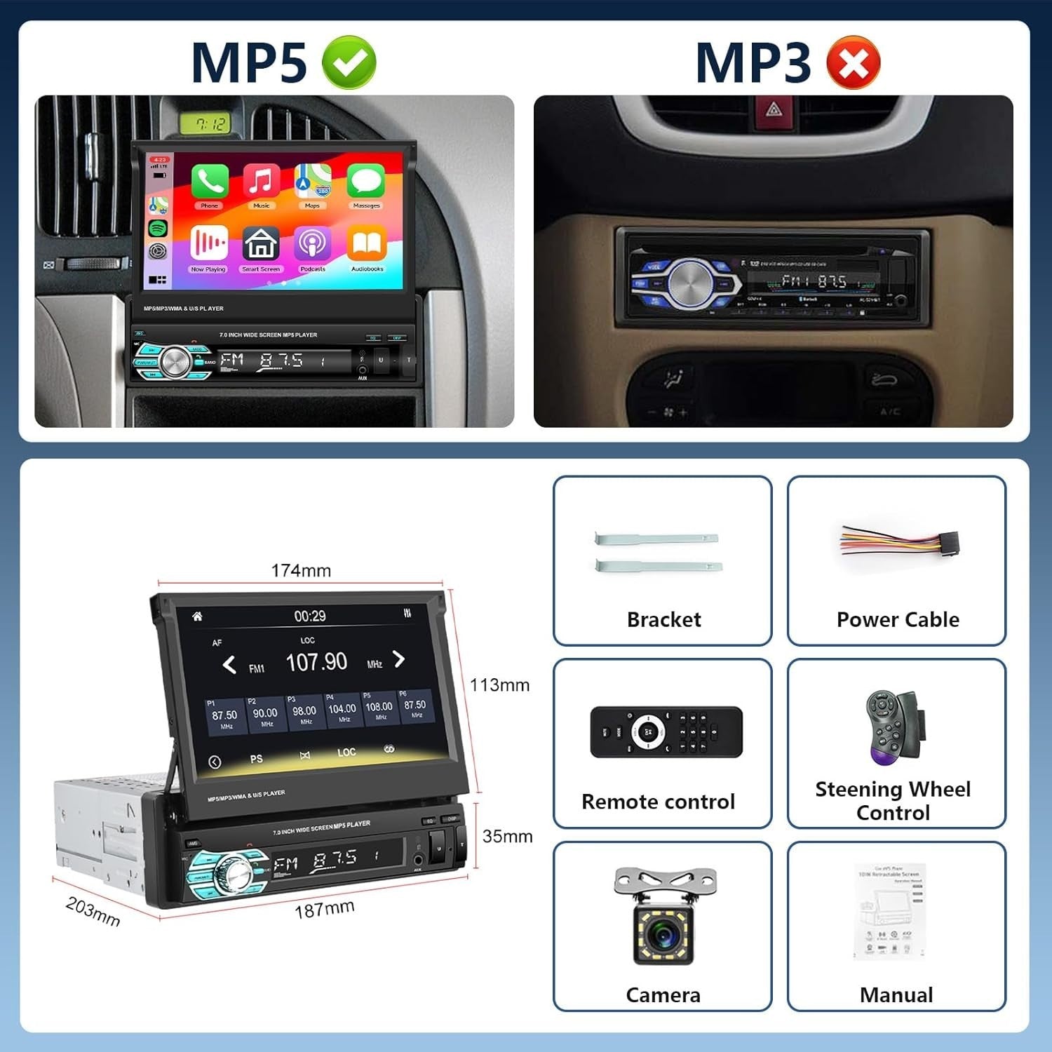 7" Single Din Car Stereo Wired CarPlay Android Auto Bluetooth FM