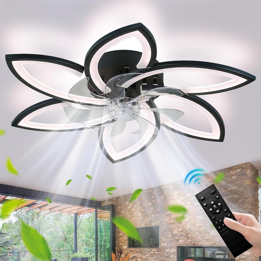 Ceiling Fan with Light, 6 Speeds, Dimmable, Flower Shape, 74 cm Black