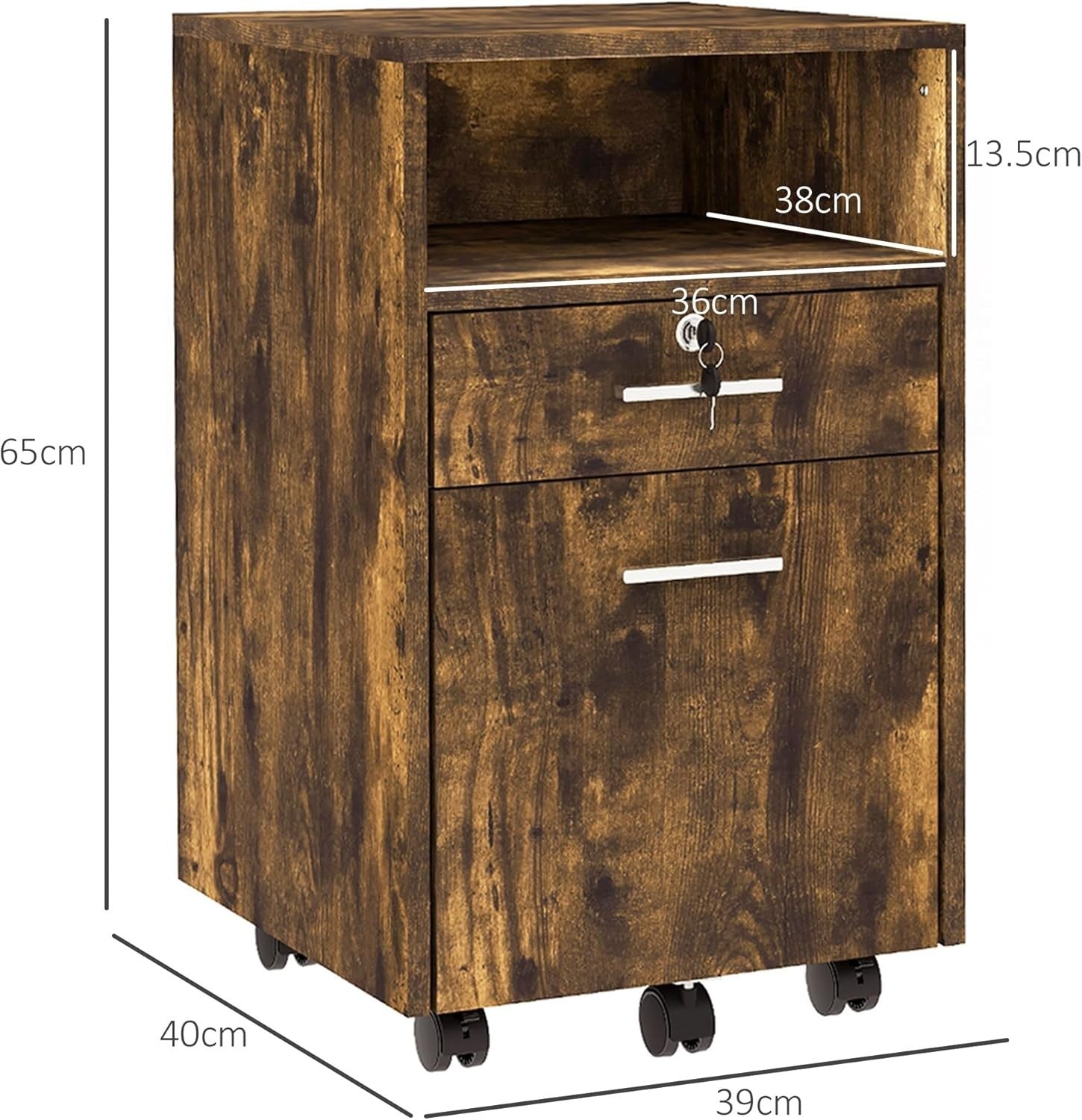 Rustic Brown Mobile File Cabinet 39x40x65cm Lockable A4 Letter