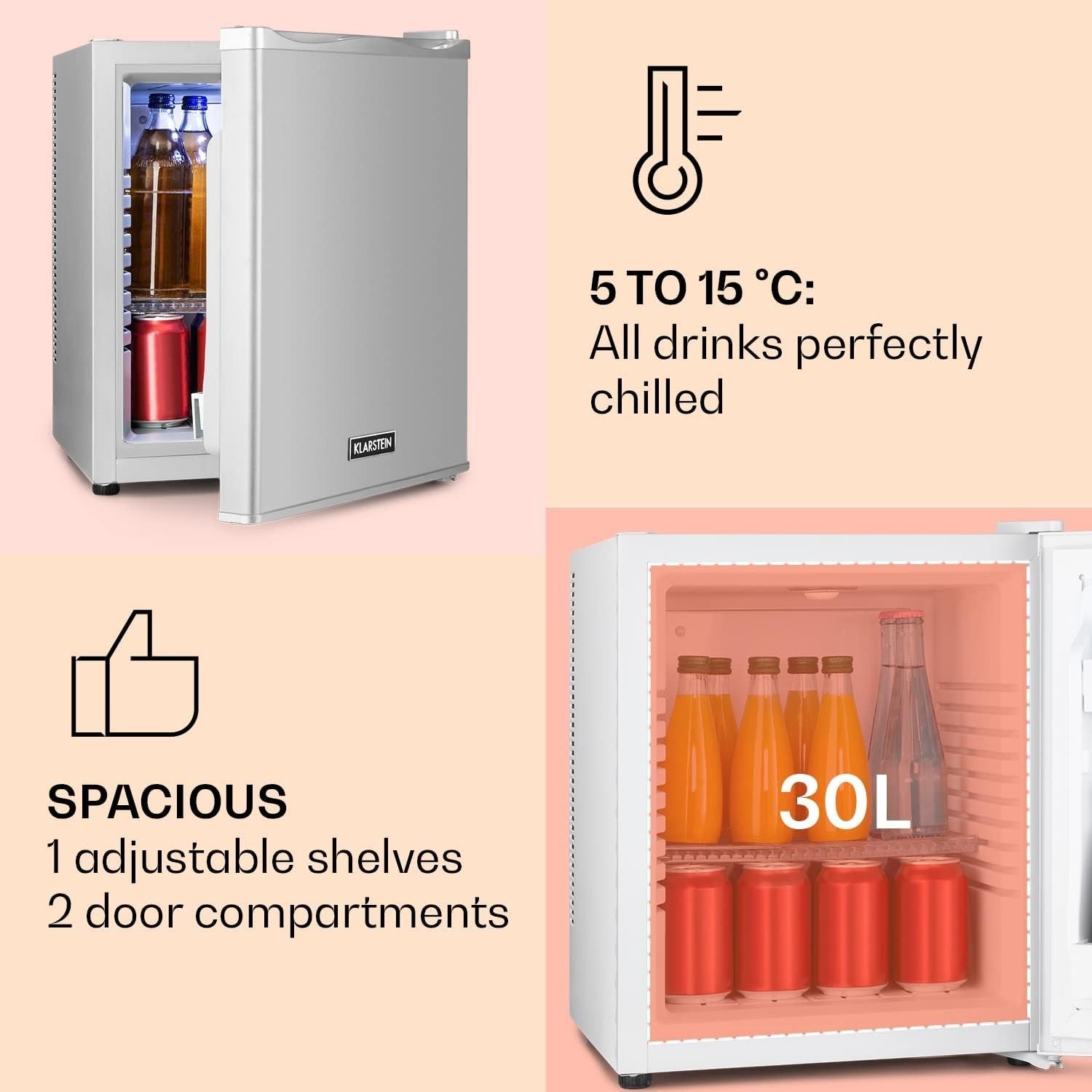 30L Mini Fridge Silver Portable Cooler and Drinks Fridge Adjustable Shelves