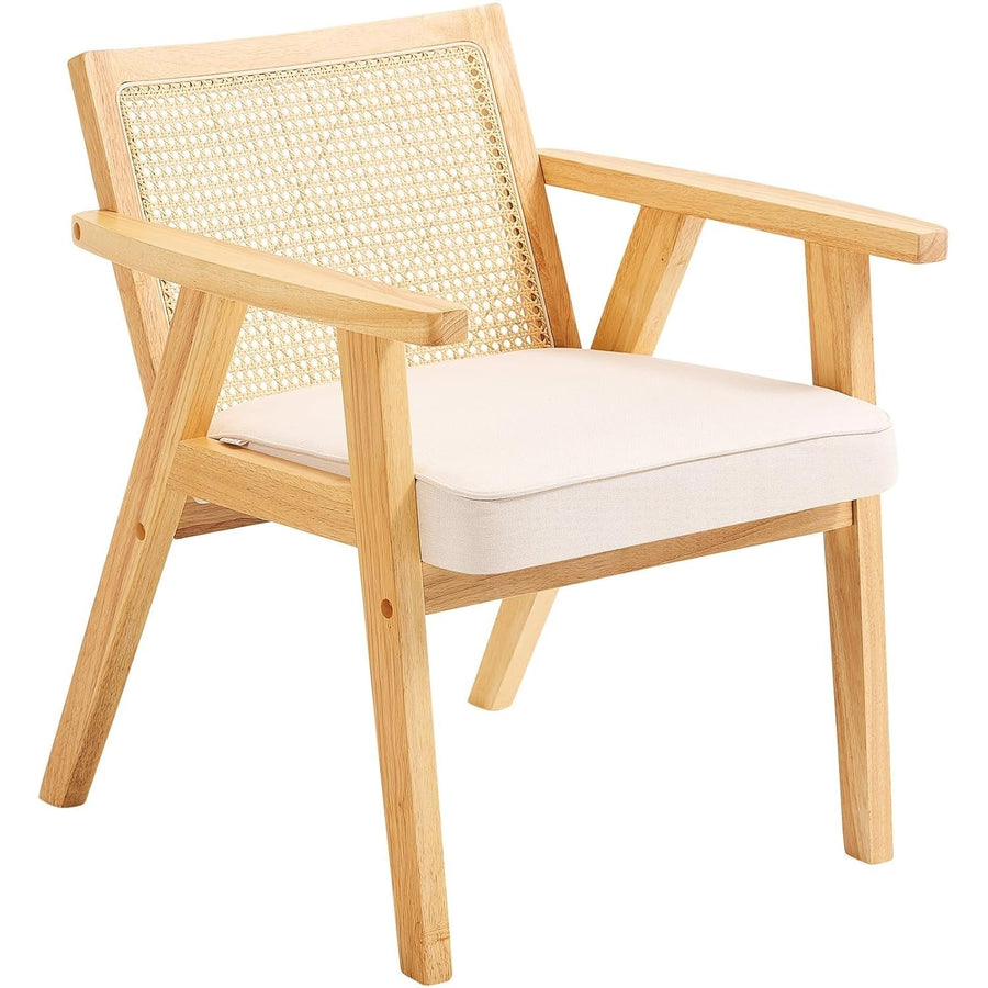 Rattan Armchair with Cushion Wooden Frame Modern Dining Lounge Chair Beige