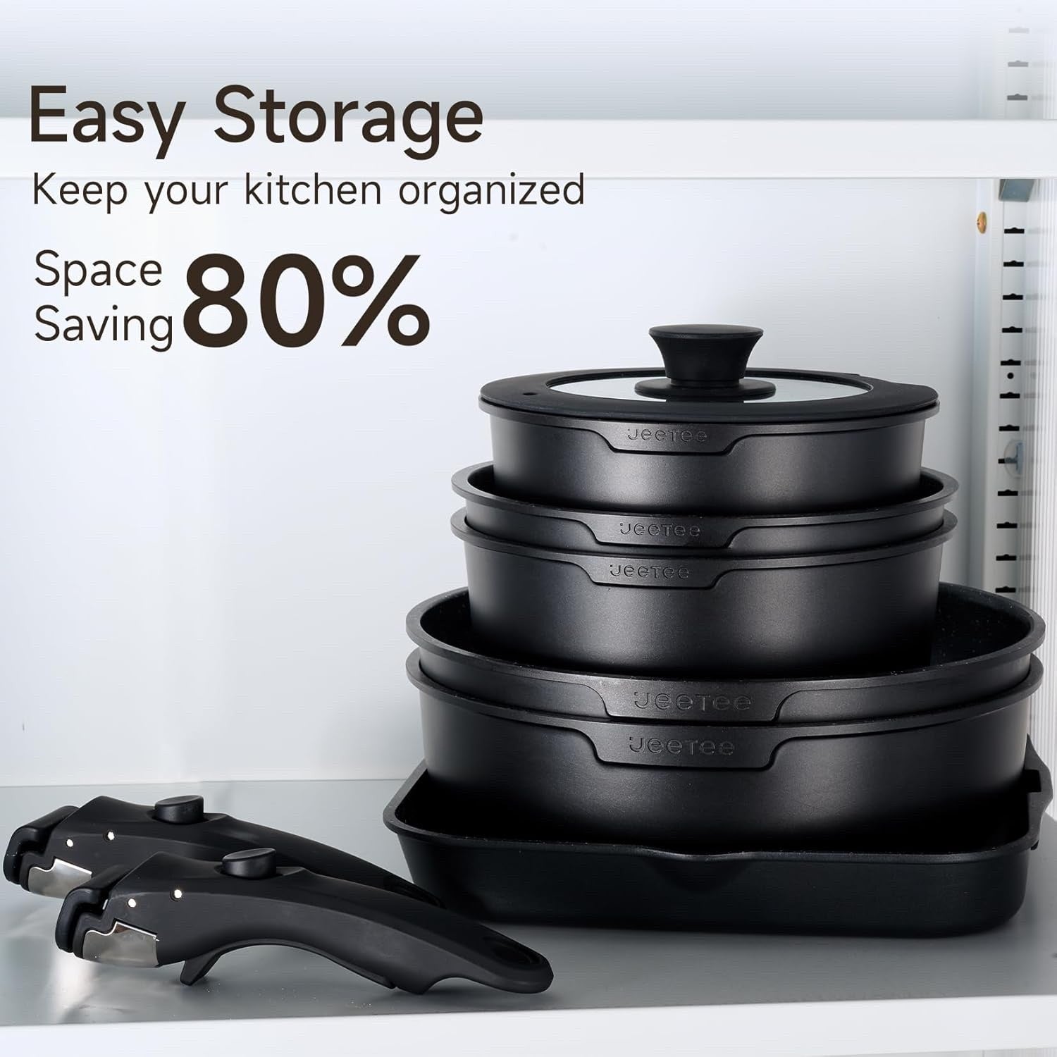 25pcs Black Non Stick Cookware Set Induction Pots & Pans with Detachable Handles