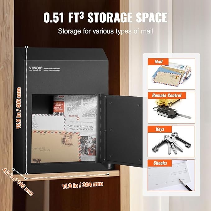 Heavy Duty Door Mail Drop Box Lockable Waterproof Steel Safe 12x6x16" Black