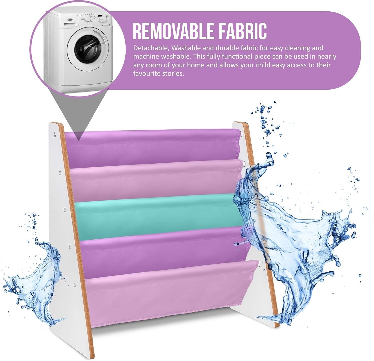 Kids Pink Sling Bookshelf – 4-Tier Wooden Storage with Soft Fabric Shelves