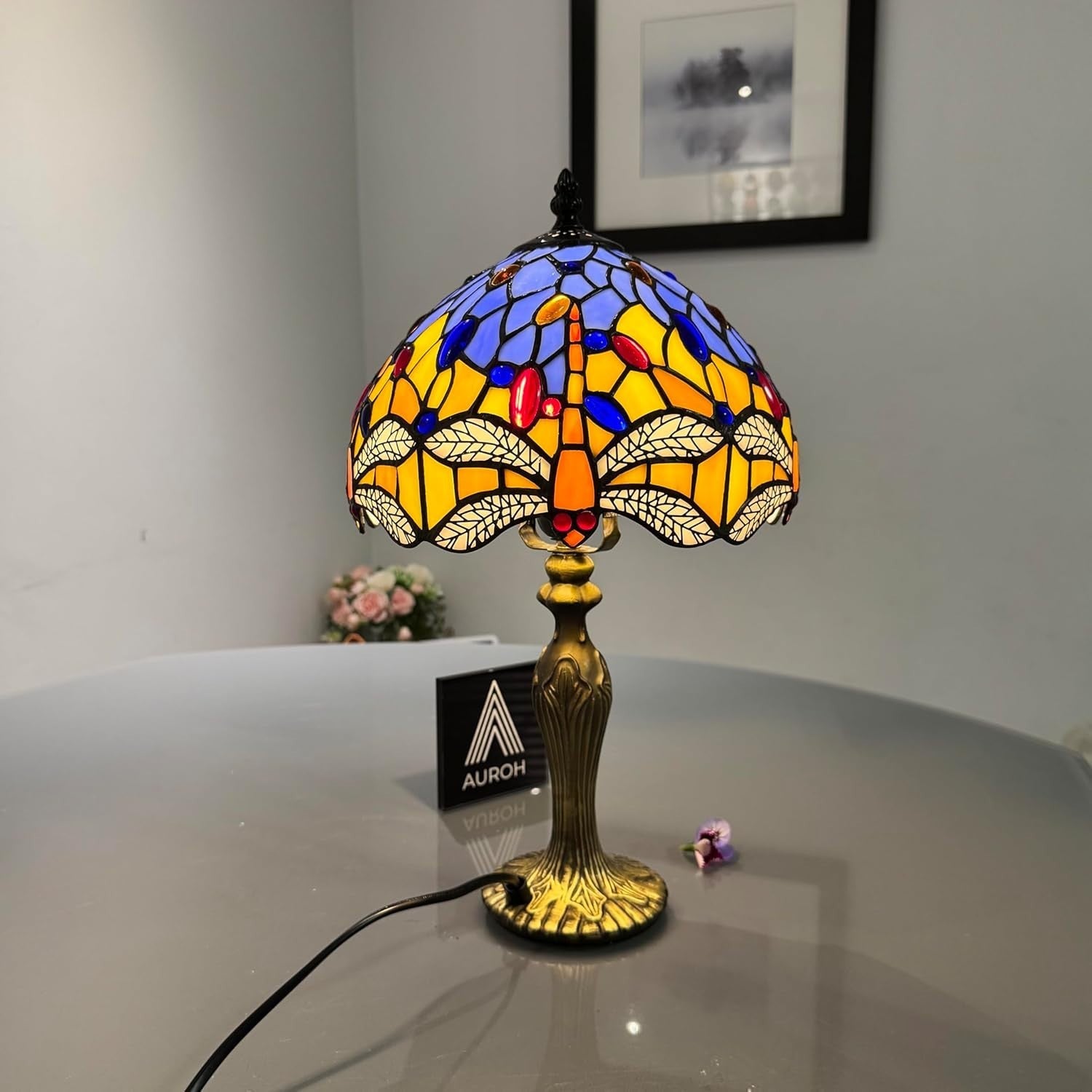 Tiffany Style Dragonfly Table Lamp Handcrafted Stained Glass 42cm E27