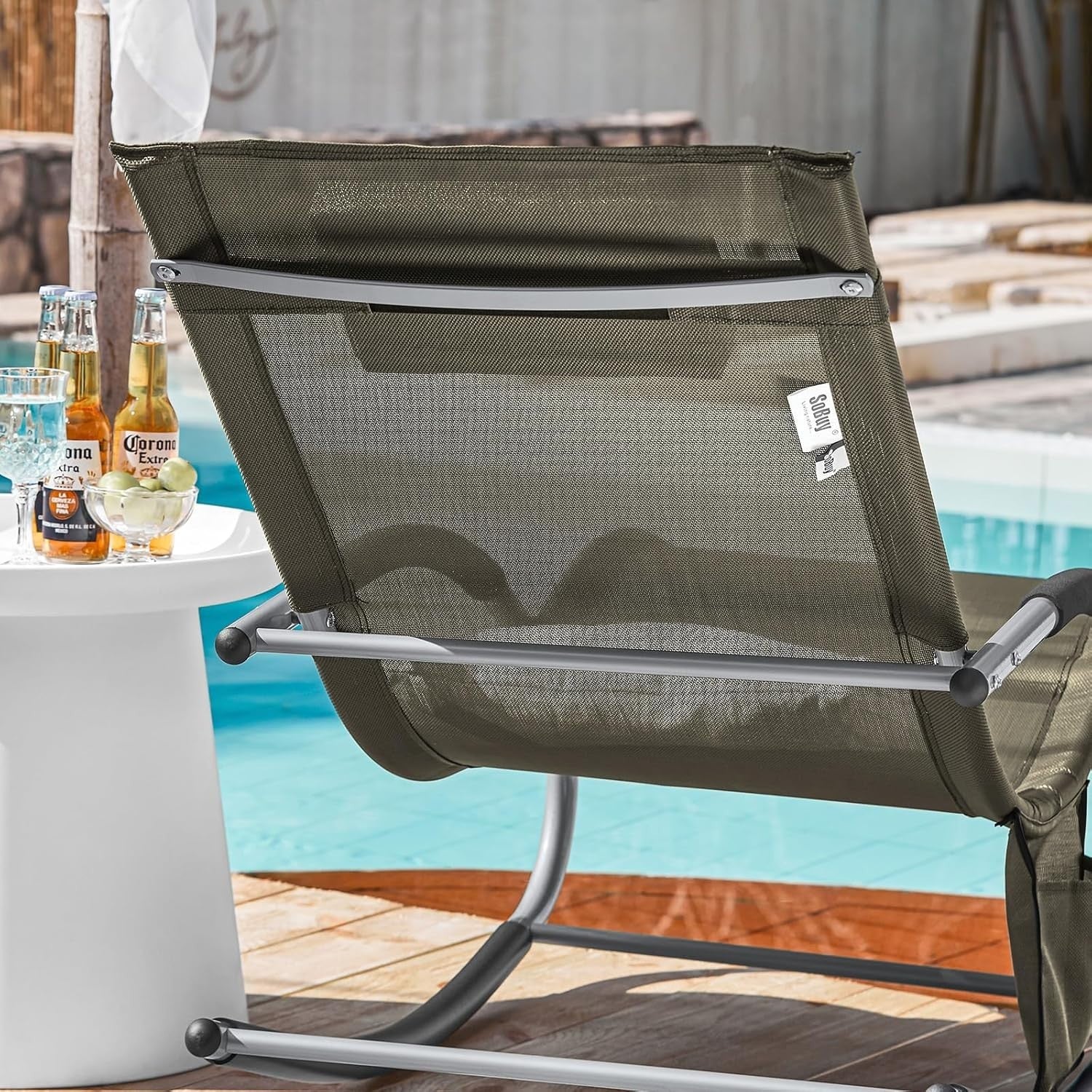 Outdoor Garden Recliner Chair with Cushioned Pillow, Side Pocket & Rocking