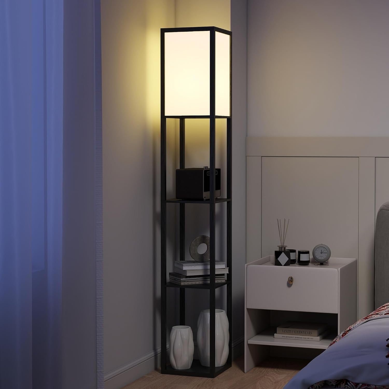 Floor Lamp with Shelves Storage Standing Light Black Modern 3 Tier 160cm