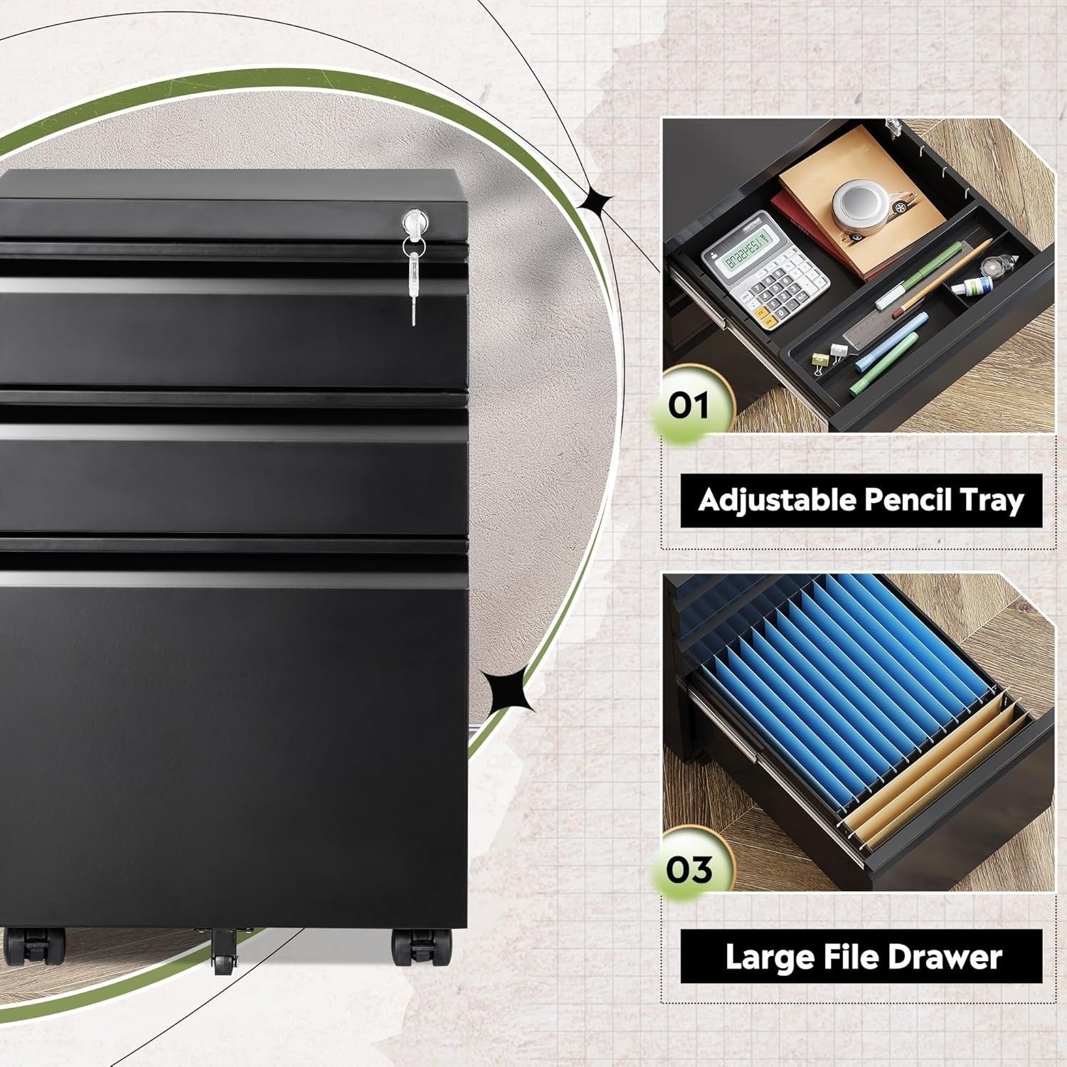 Black 3 Drawer Lockable File Cabinet 43x37x60cm Mobile Under Desk
