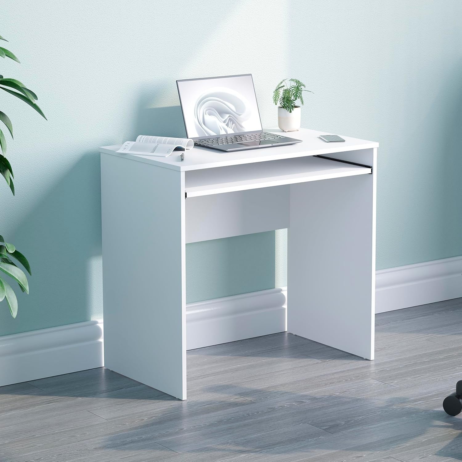 Small Computer Desk with Keyboard Tray Compact PC Laptop Table White