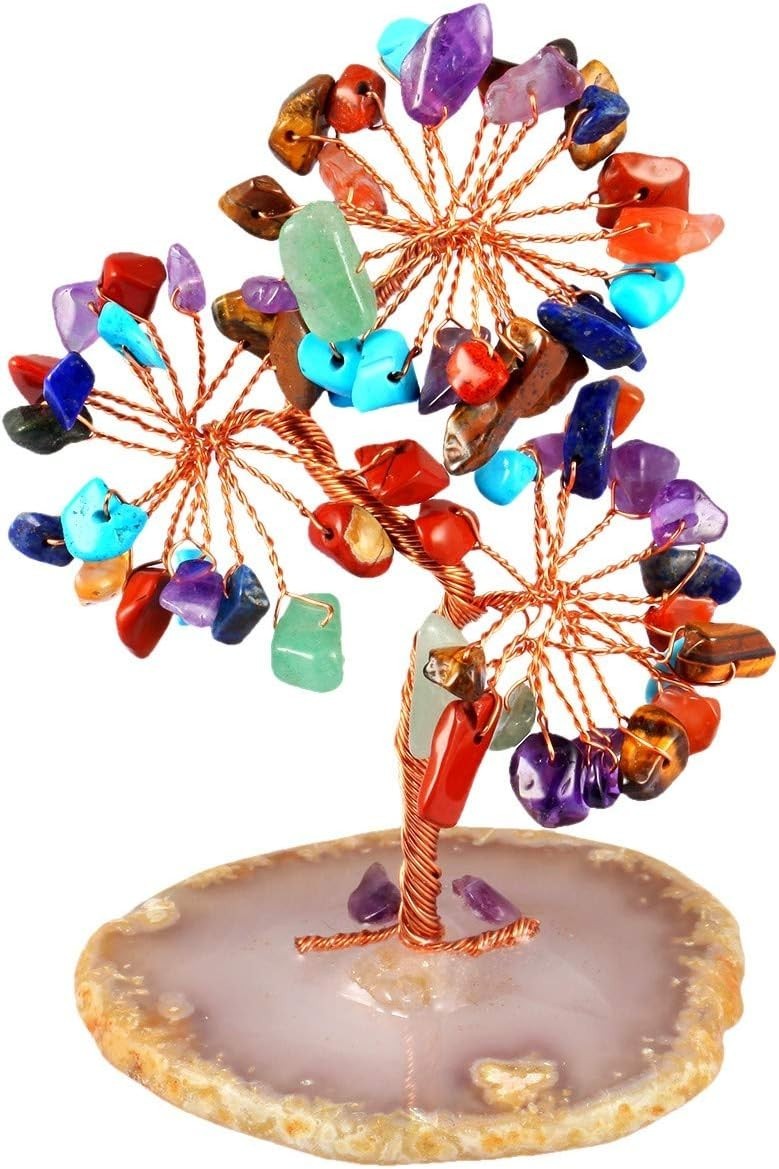 Crystal Money Tree Ornament Multicolour Gemstone Healing Decor Agate Base Gift