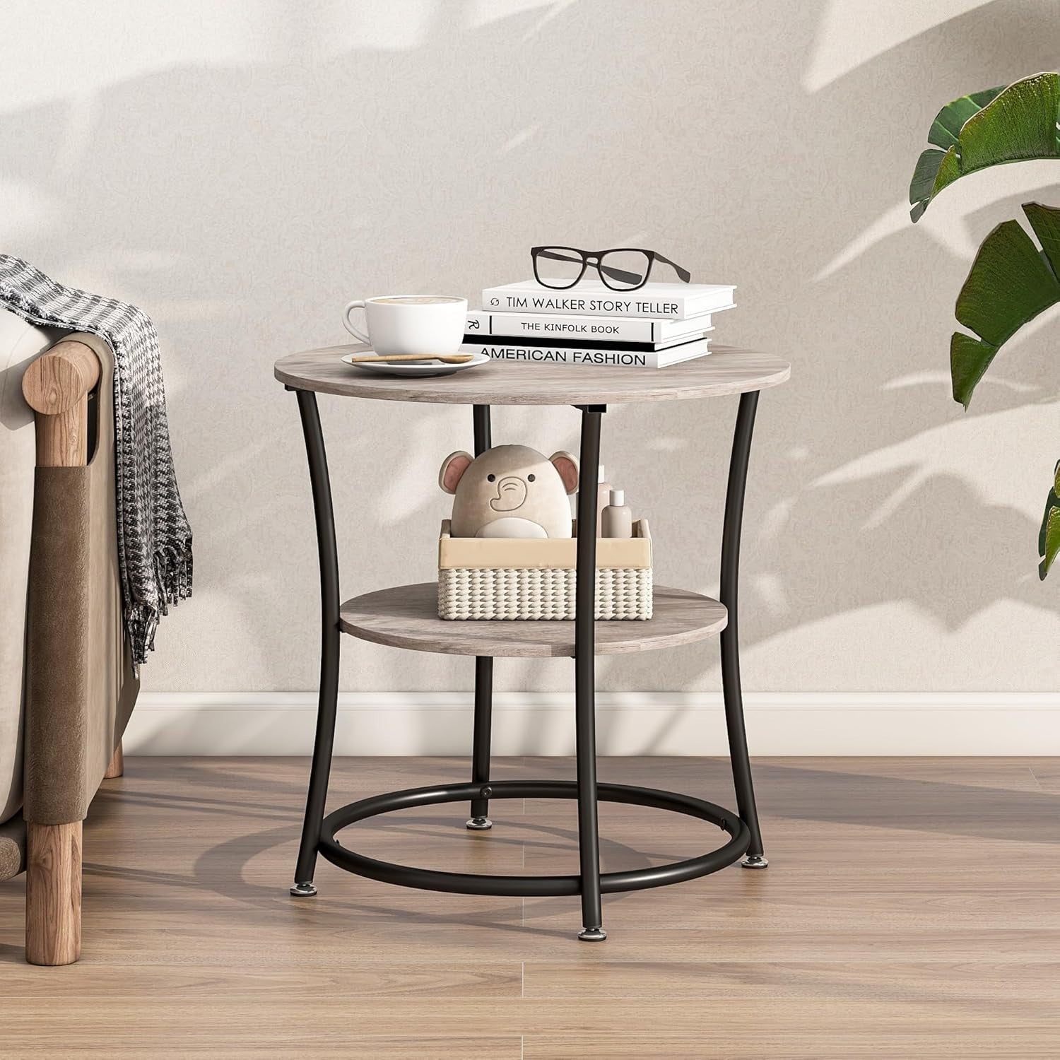Round 2-Tier Side Table with Storage Shelves, Sturdy Metal Frame, Grey