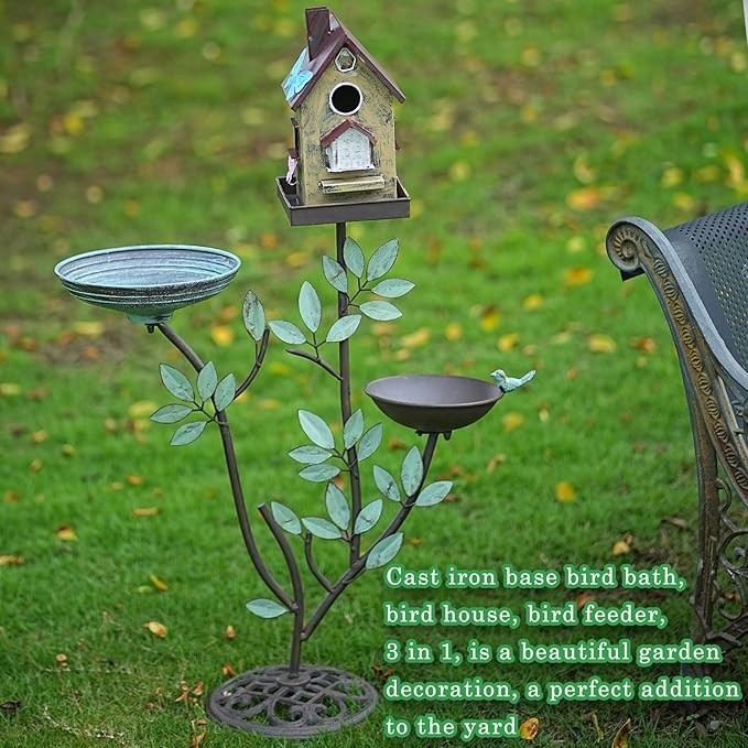 37" Cast Iron Bird Bath 3-in-1 Feeder & Birdhouse – Outdoor Garden Décor