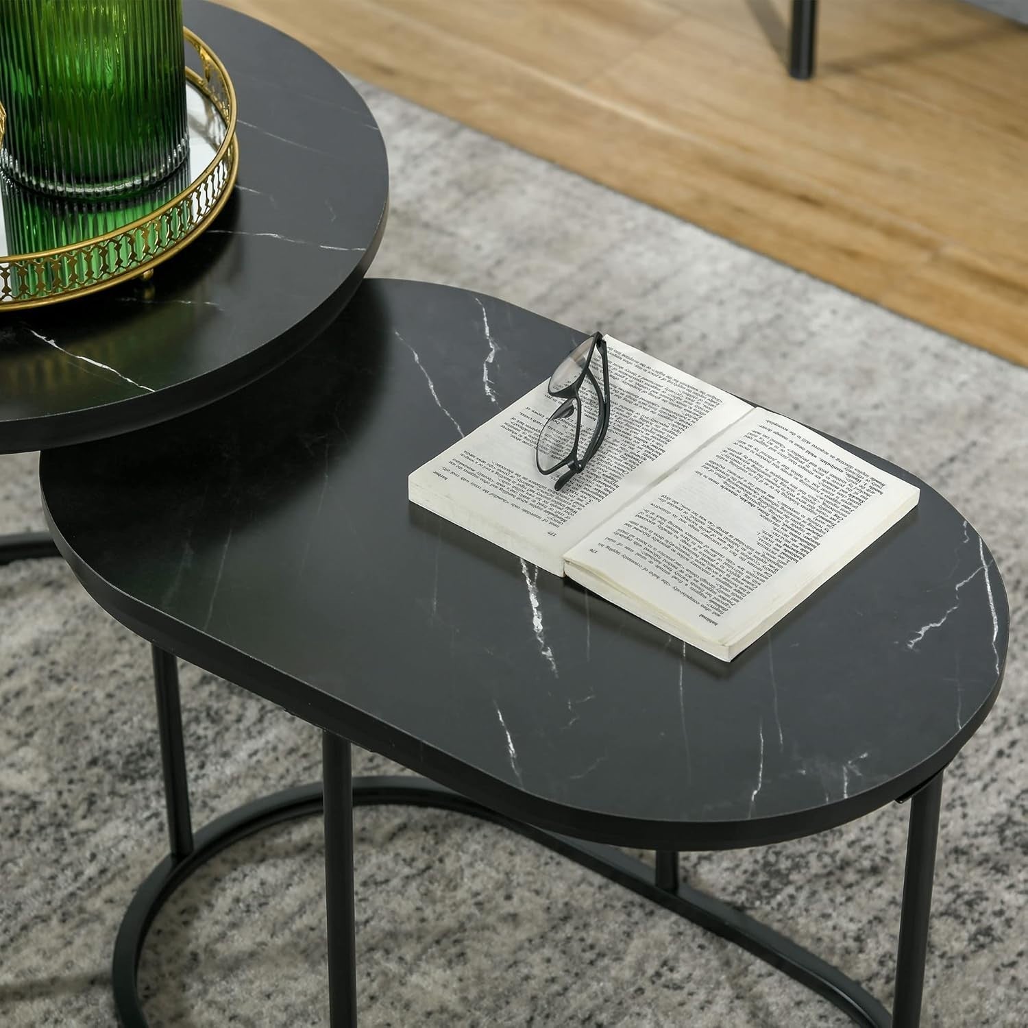 Nesting Coffee Table Set of 2 Black Faux Marble End Tables Round Oval
