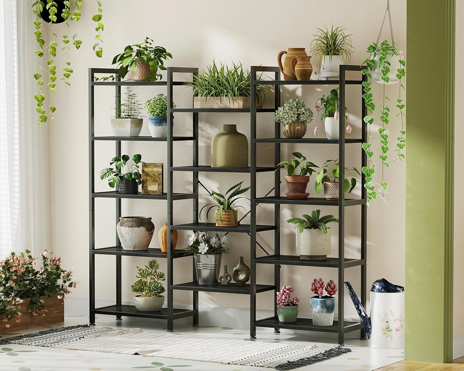 5 Tier Triple Bookshelf Industrial 14 Shelf Wide Bookcase Black Metal