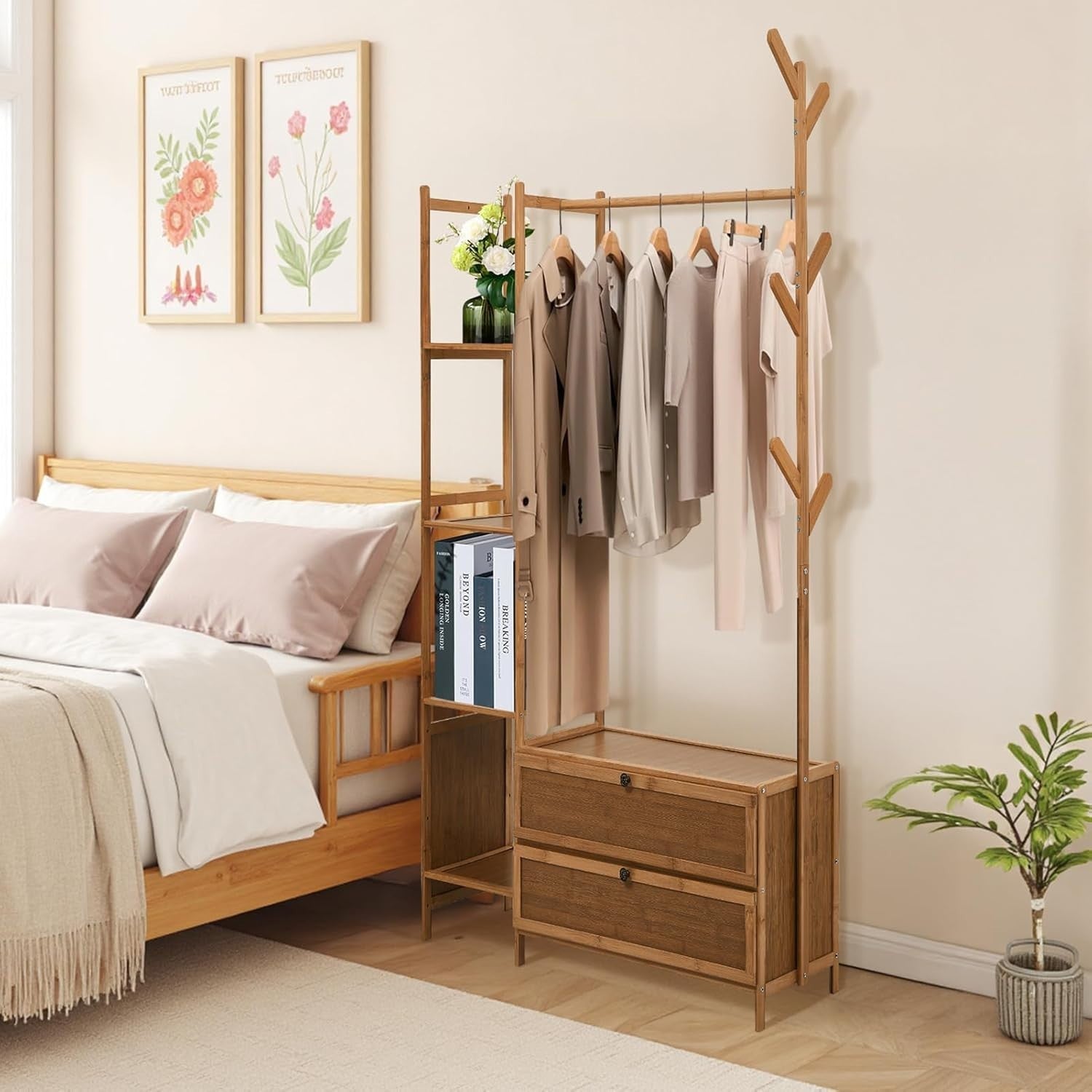 Bamboo Clothes Rail with Shelves & Hooks, Tea Wardrobe