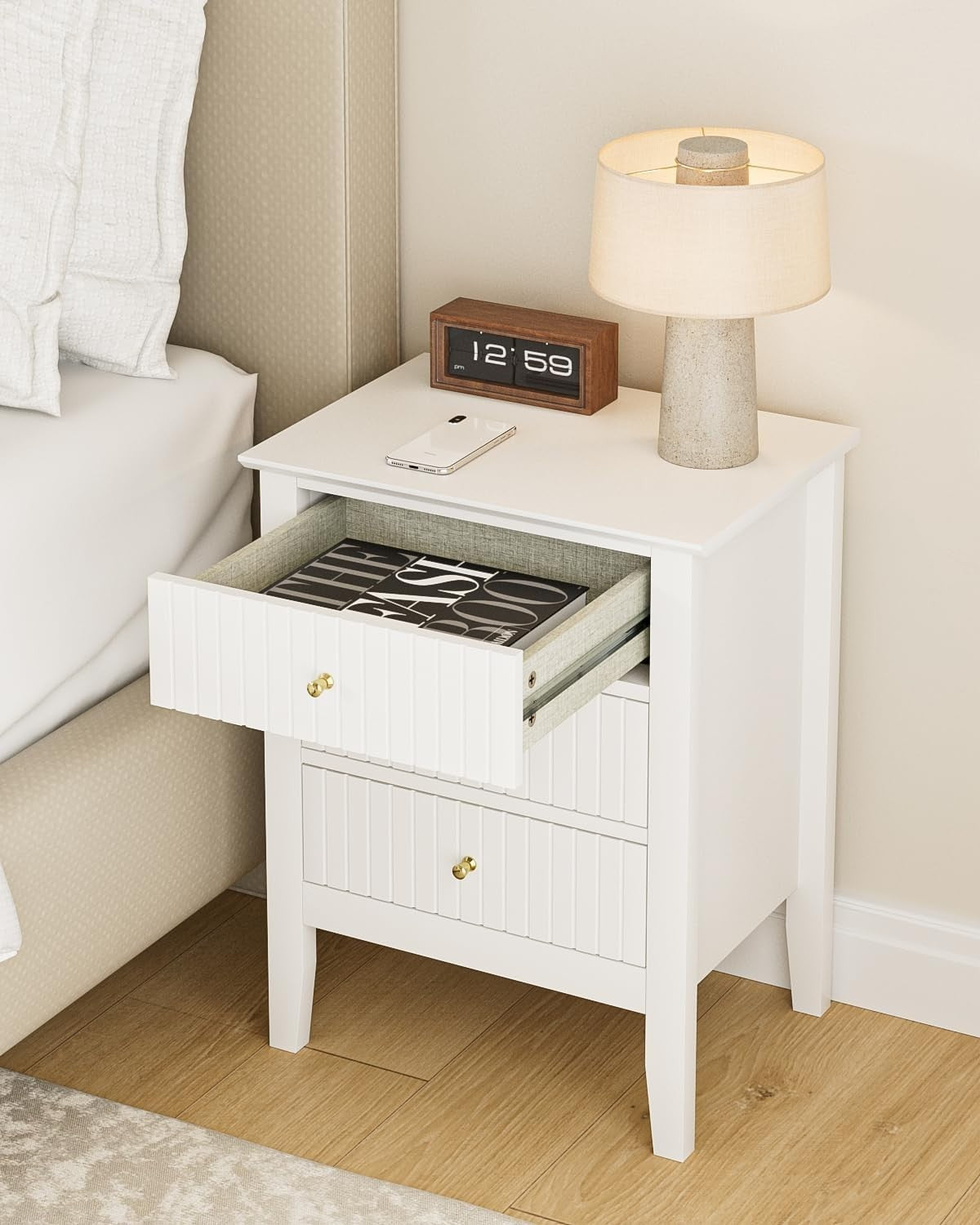 Modern White Bedside Table with 3 Drawers Wooden Nightstand Bedroom Storage
