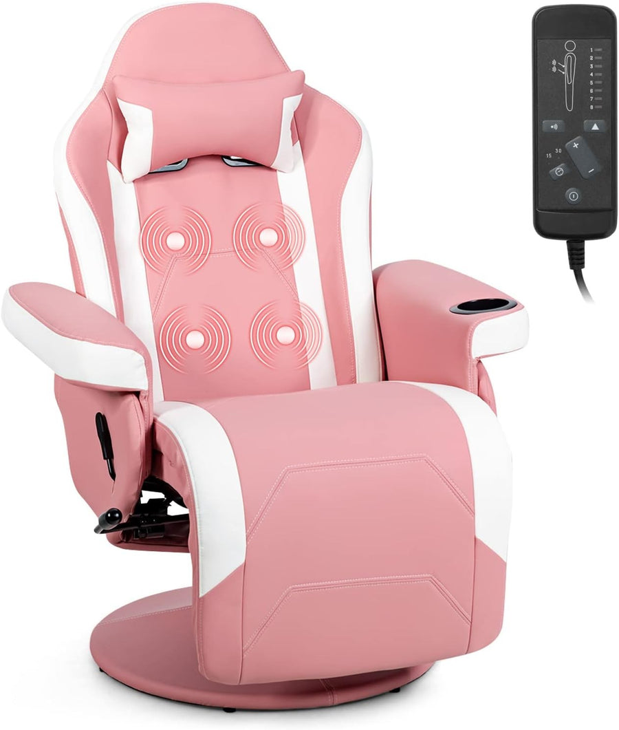 Massage Gaming Chair Recliner w/ Footrest Cup Holder Pink PU
