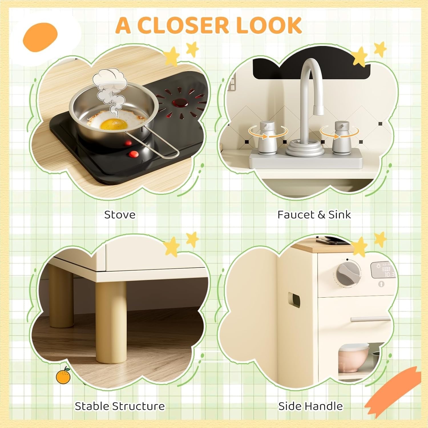 Kids Wooden Play Kitchen w/ Lights Sounds Chalkboard Cream Toy