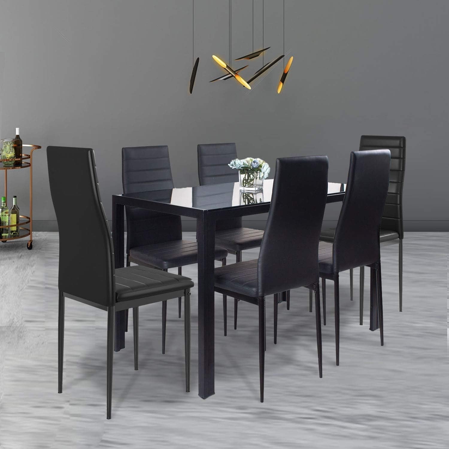 Modern Black Glass Dining Table & 6 Faux Leather Chairs – Durable Comfort