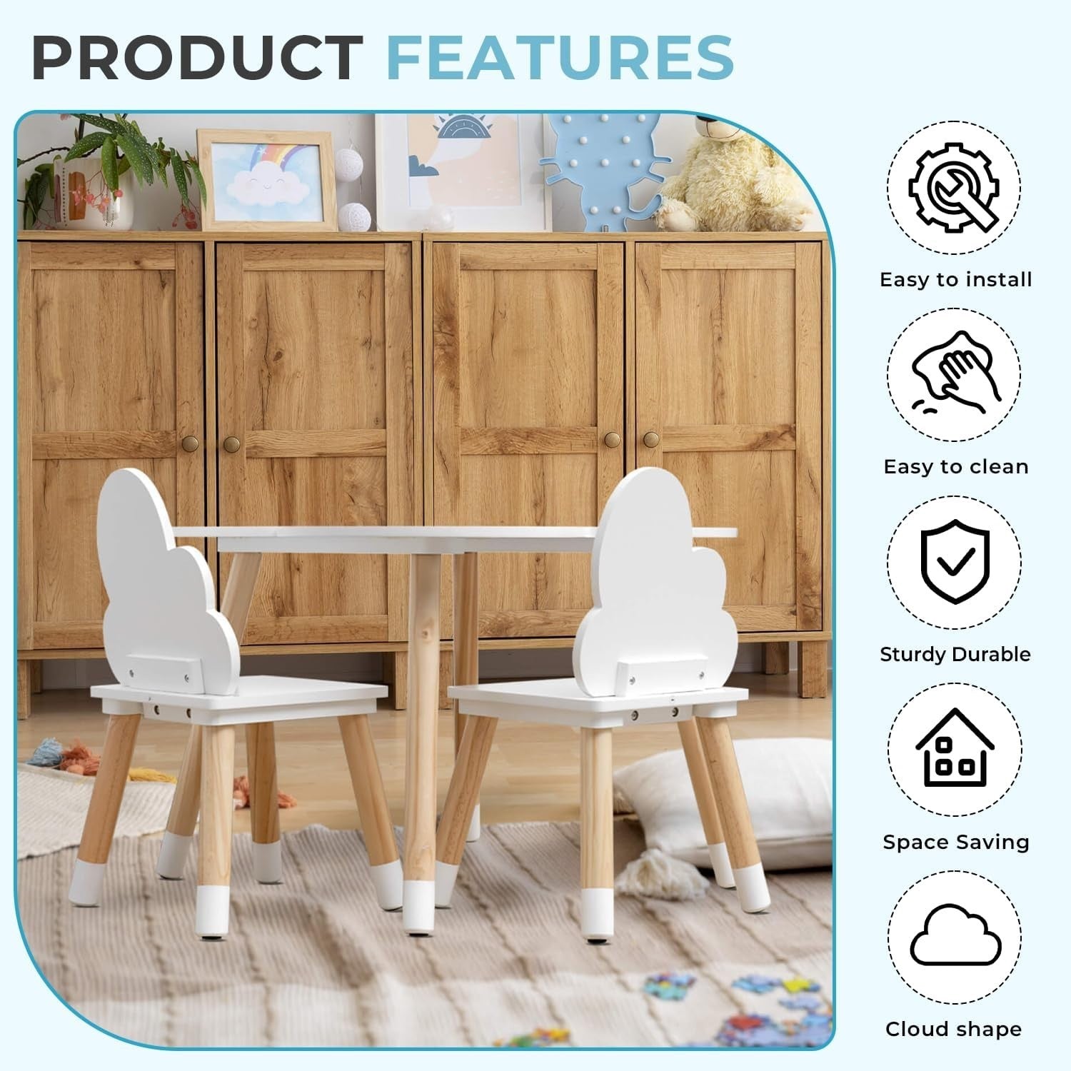 Kids Table and Chair Set with Rounded Edges, Scandinavian Style, Durable MDF