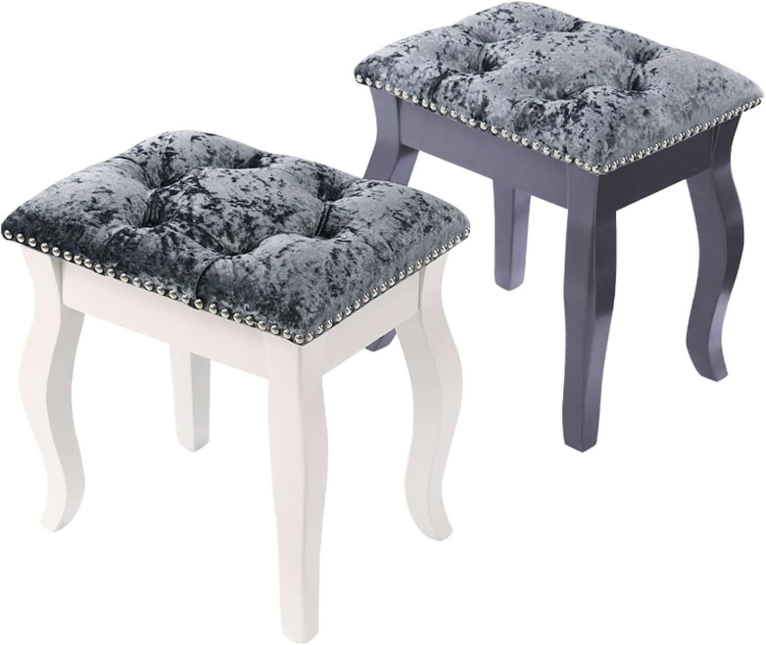 Grey Velvet Vanity Stool with Wooden Legs – Comfortable Dressing Table Chair