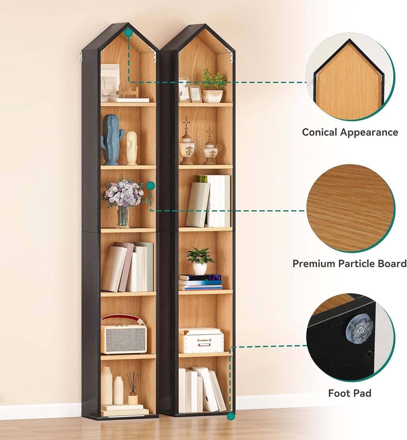 Tall Narrow House-Shaped Bookshelf 6-Tier Corner Storage Unit for Home Office