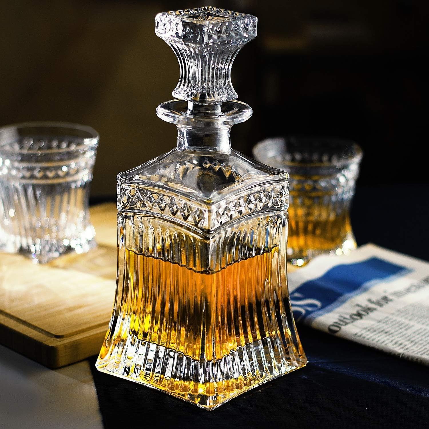 Striped Whiskey Decanter 18oz Premium Glass Liquor Bottle with Stopper Gift