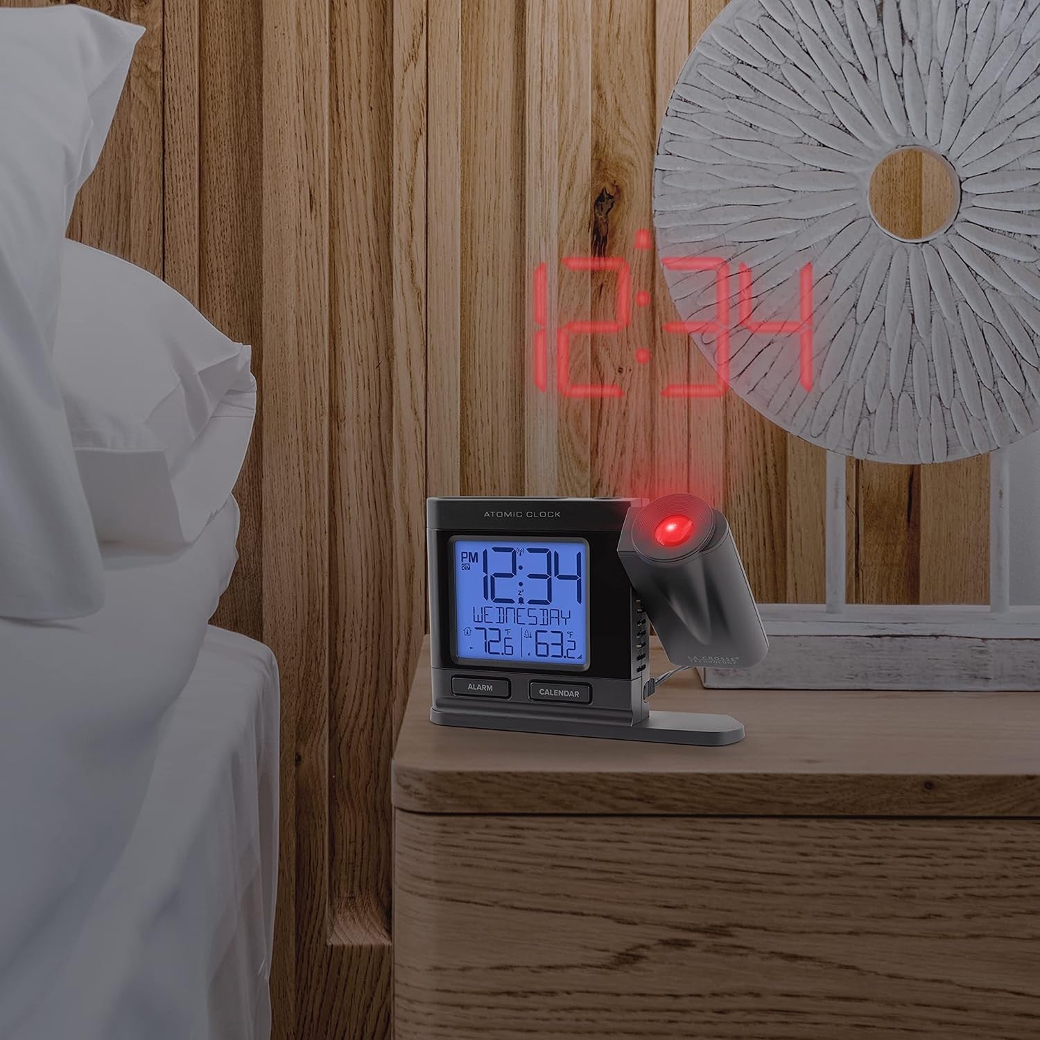 Atomic Projection Alarm Clock Temperature Display Indoor Outdoor Digital