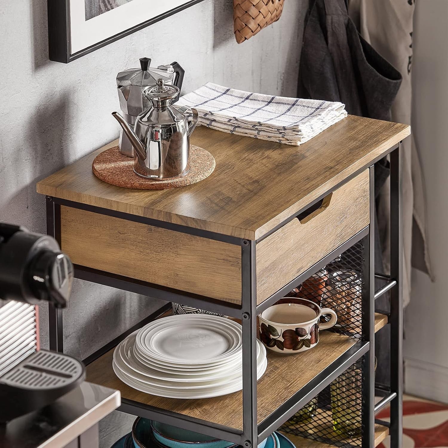 Industrial Kitchen Trolley on Wheels with Drawer 3 Shelves Storage Cart