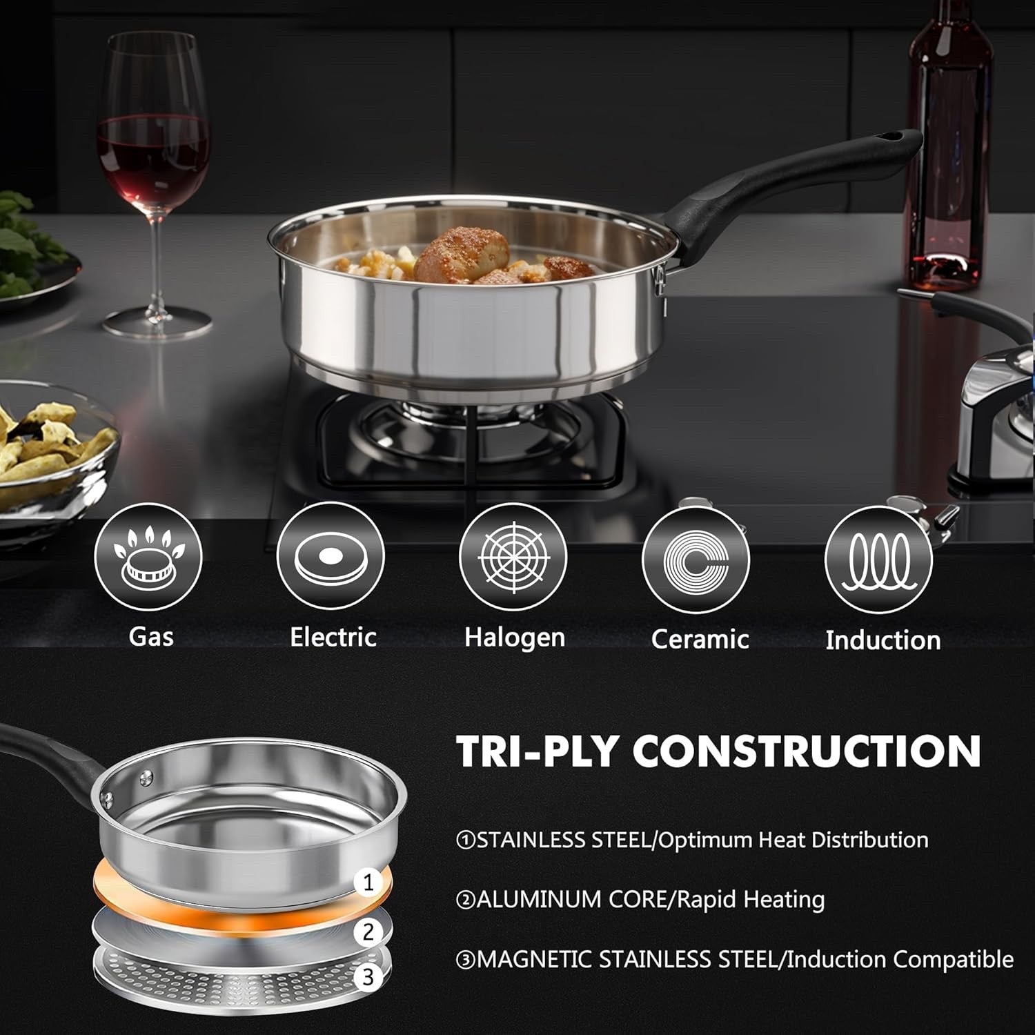 12pcs Stainless Steel Cookware Set with Lids & Utensils Induction Safe Pots Pans